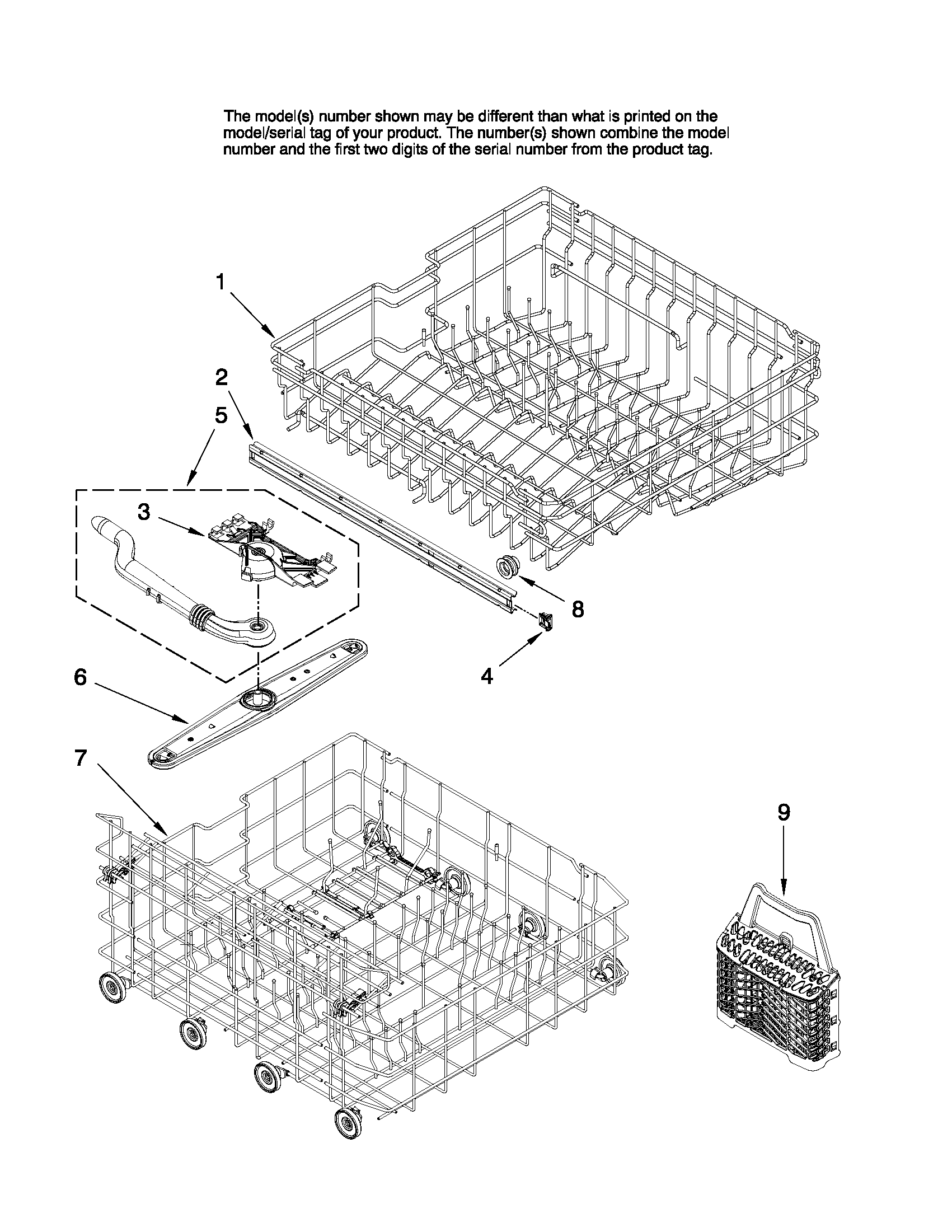 Amana ADB2500AWQ3 upper and lower rack parts diagram