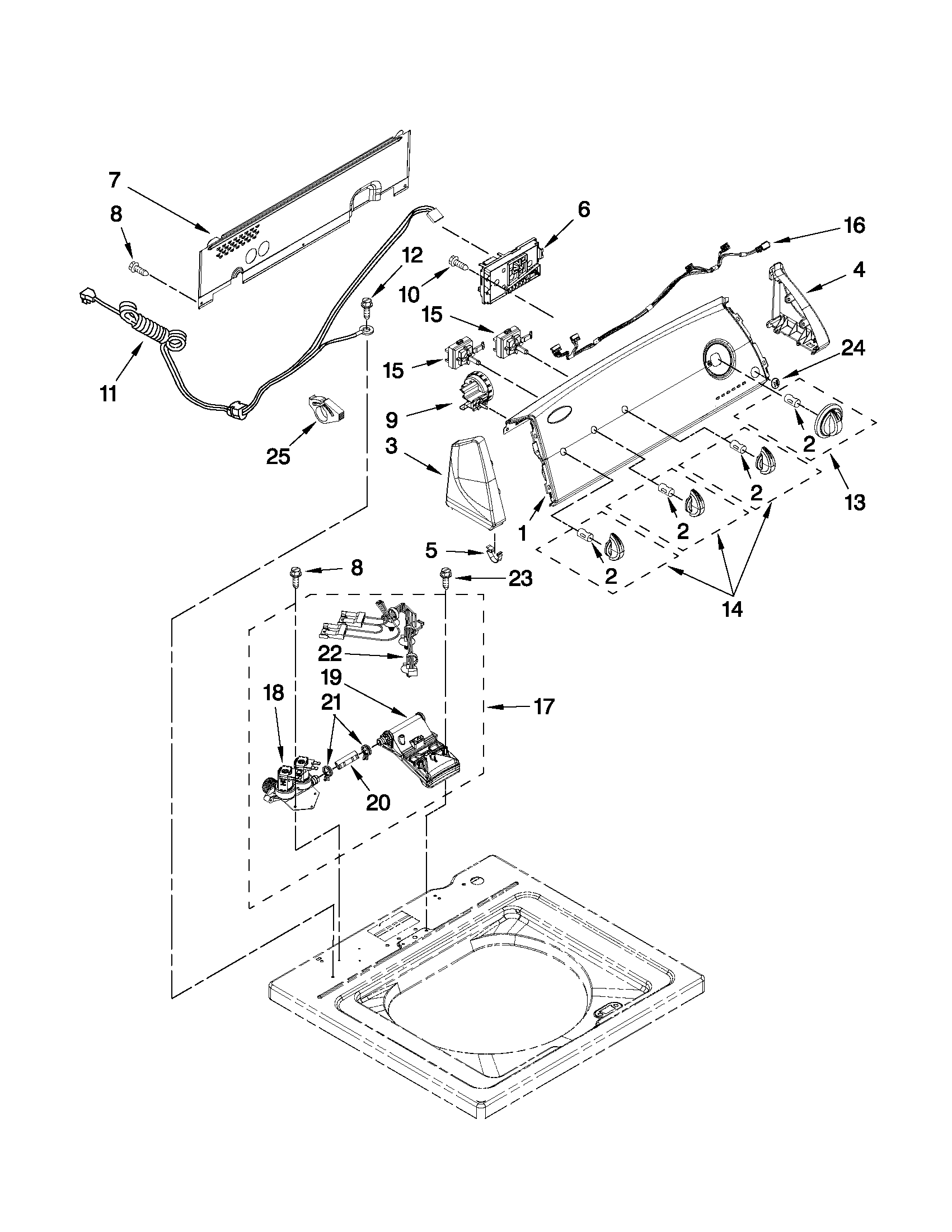 Whirlpool WTW4800XQ2 controls and water inlet parts diagram