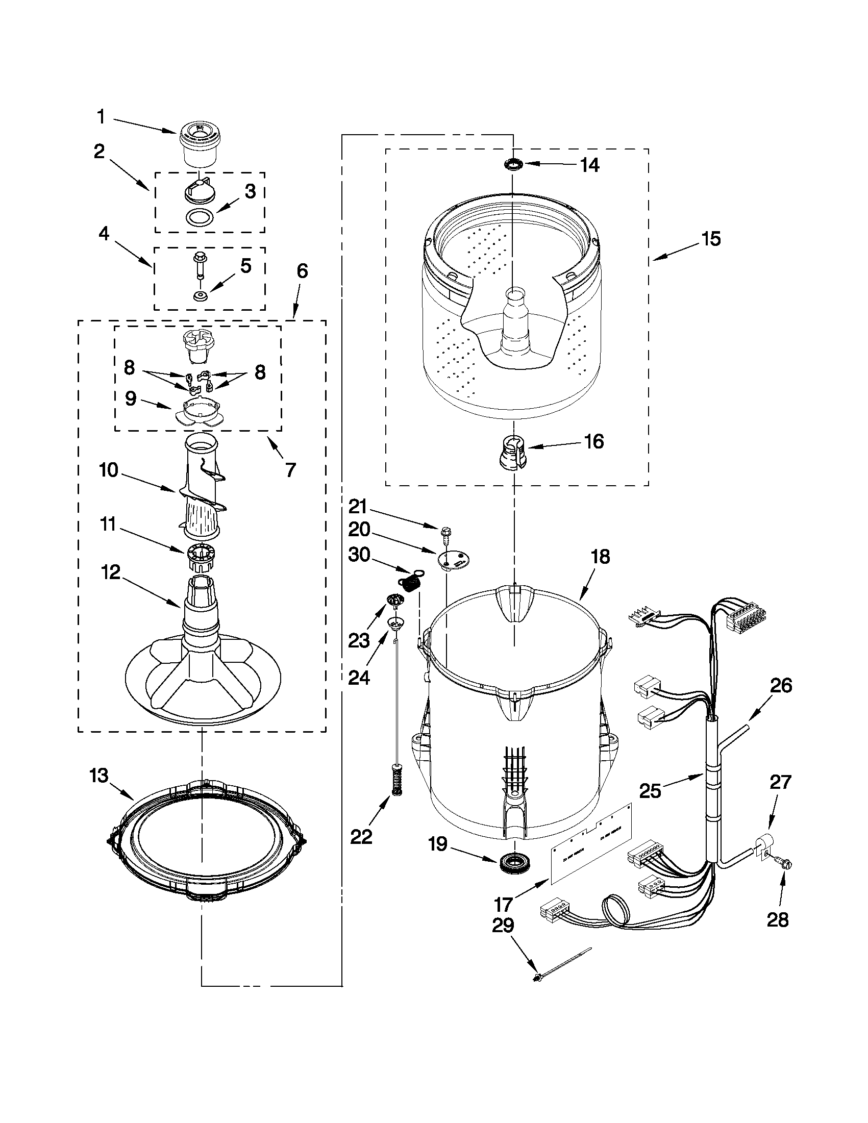 Whirlpool WTW4800XQ2 basket and tub parts diagram