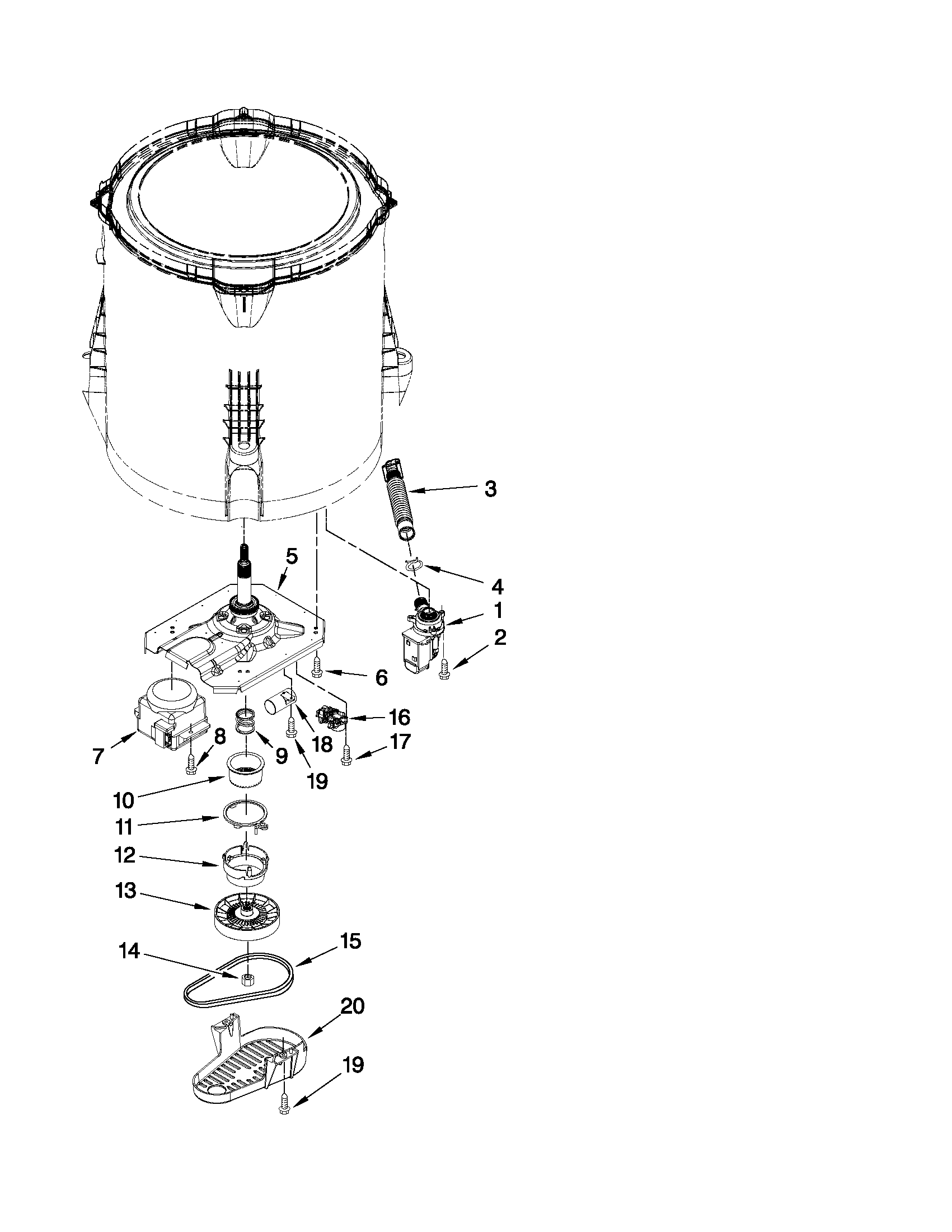 Whirlpool WTW4800XQ2 gearcase, motor and pump parts diagram