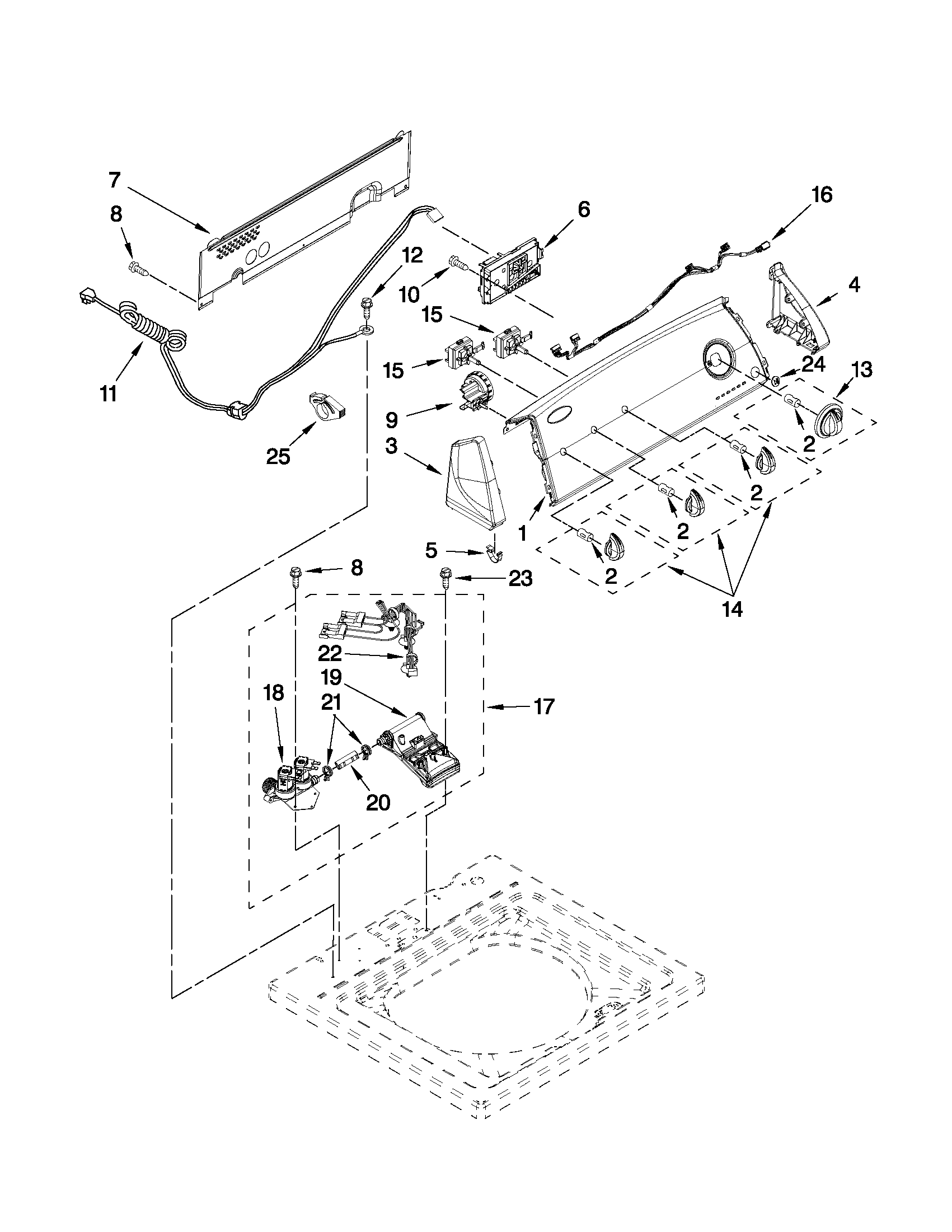 Whirlpool WTW4910XQ1 controls and water inlet parts diagram
