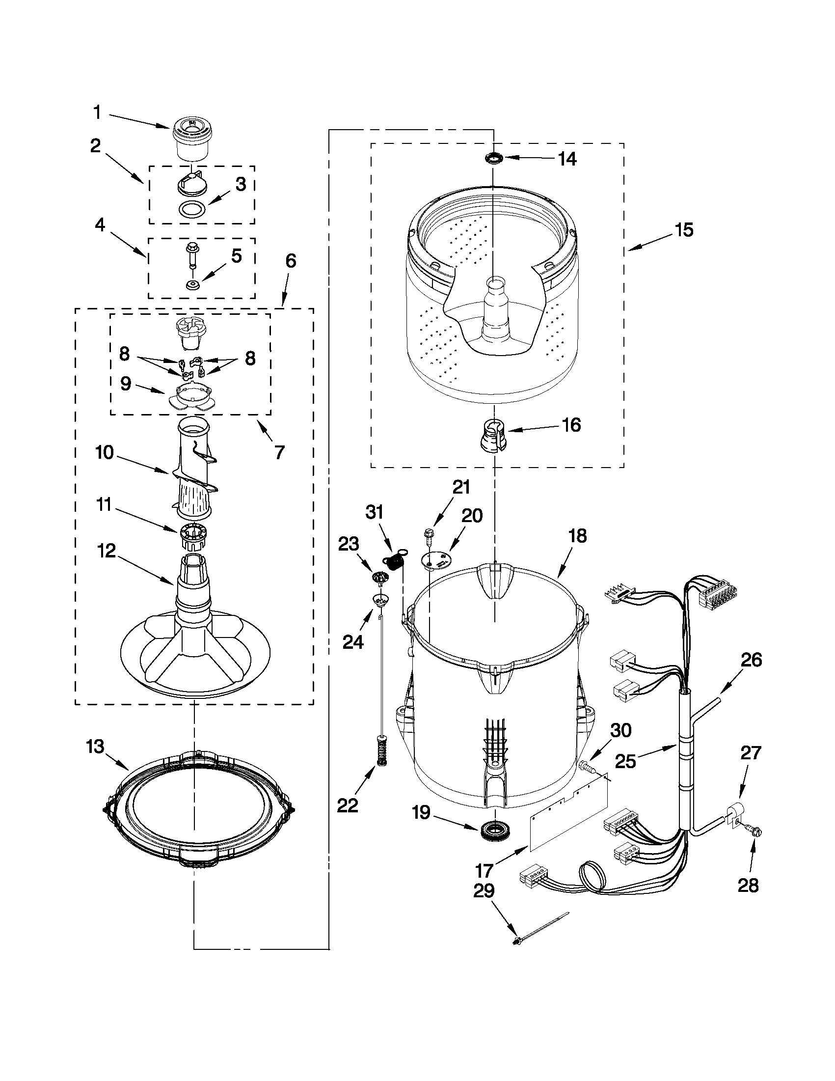 Whirlpool WTW4910XQ1 basket and tub parts diagram