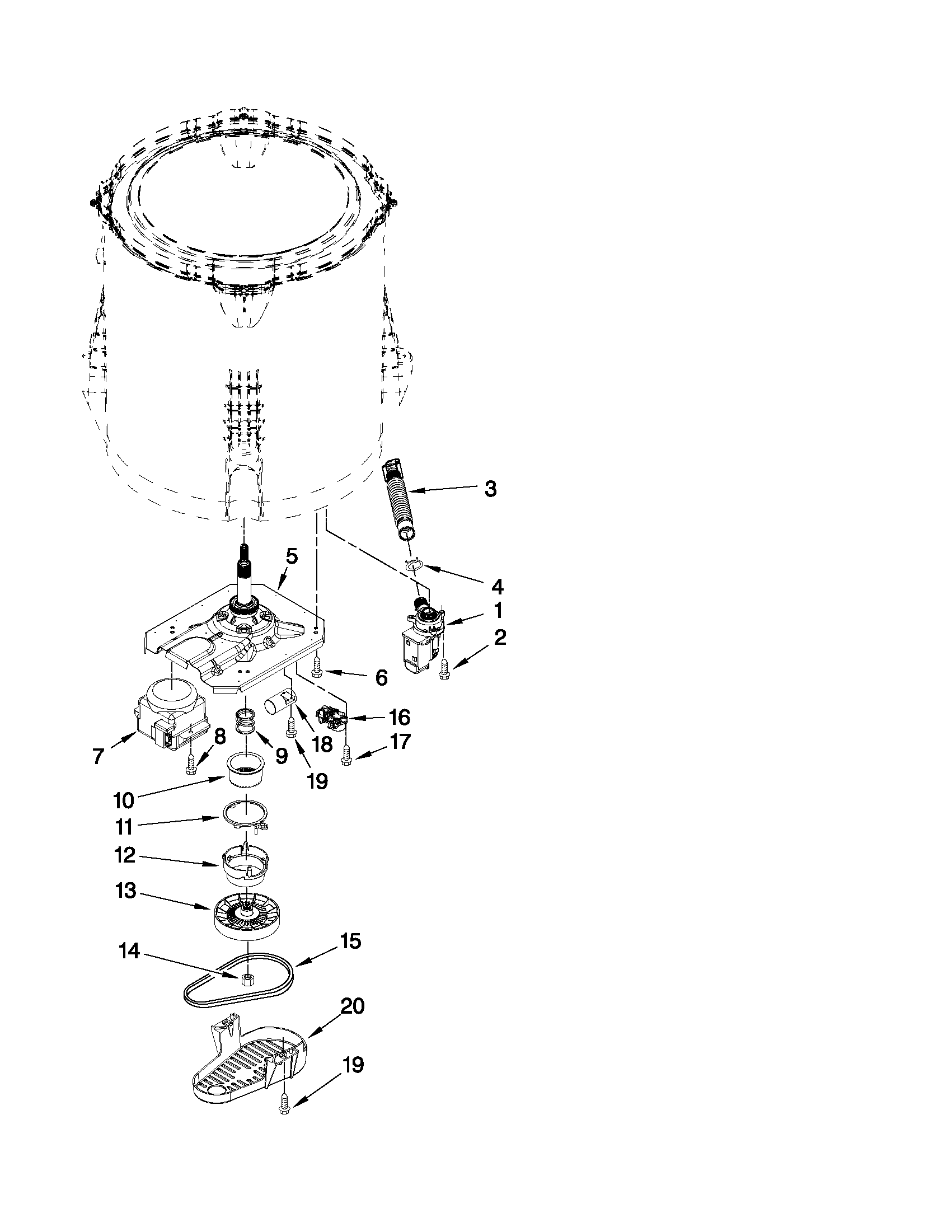 Whirlpool WTW4910XQ1 gearcase, motor and pump parts diagram