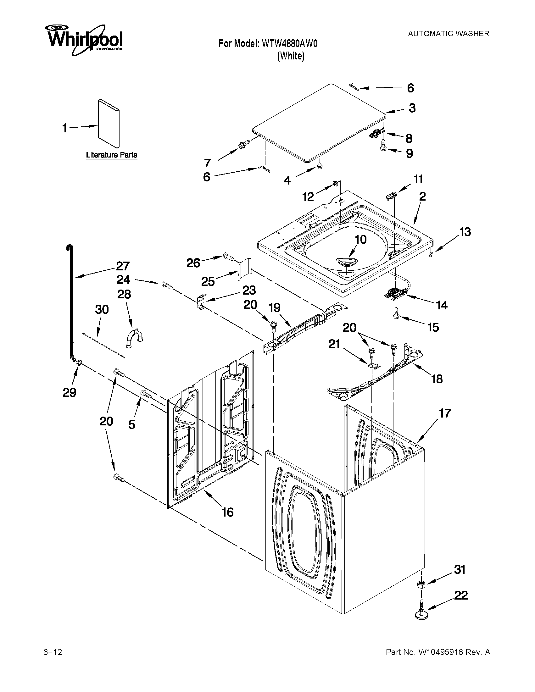 Whirlpool WTW4880AW0 top and cabinet parts diagram