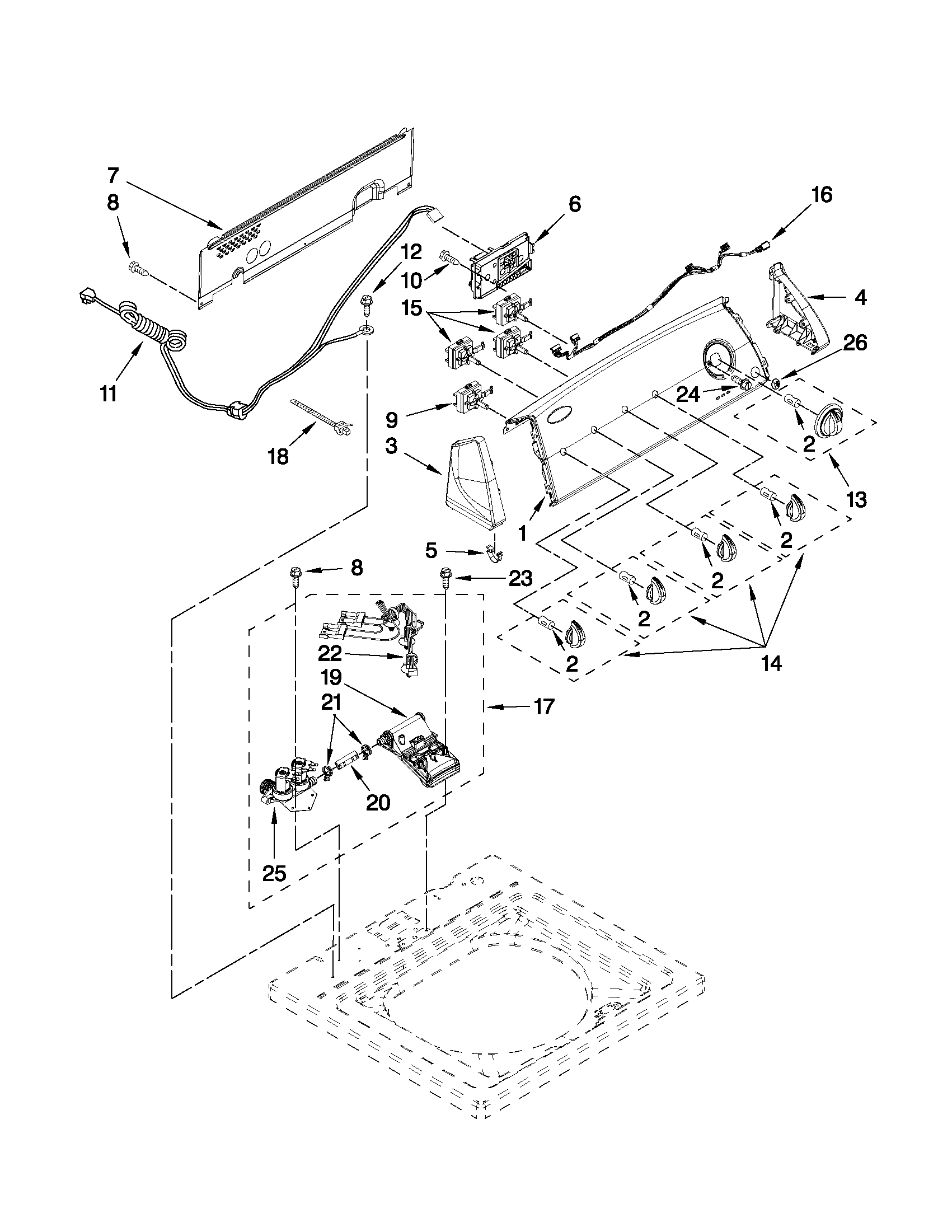 Whirlpool WTW4880AW0 controls and water inlet parts diagram