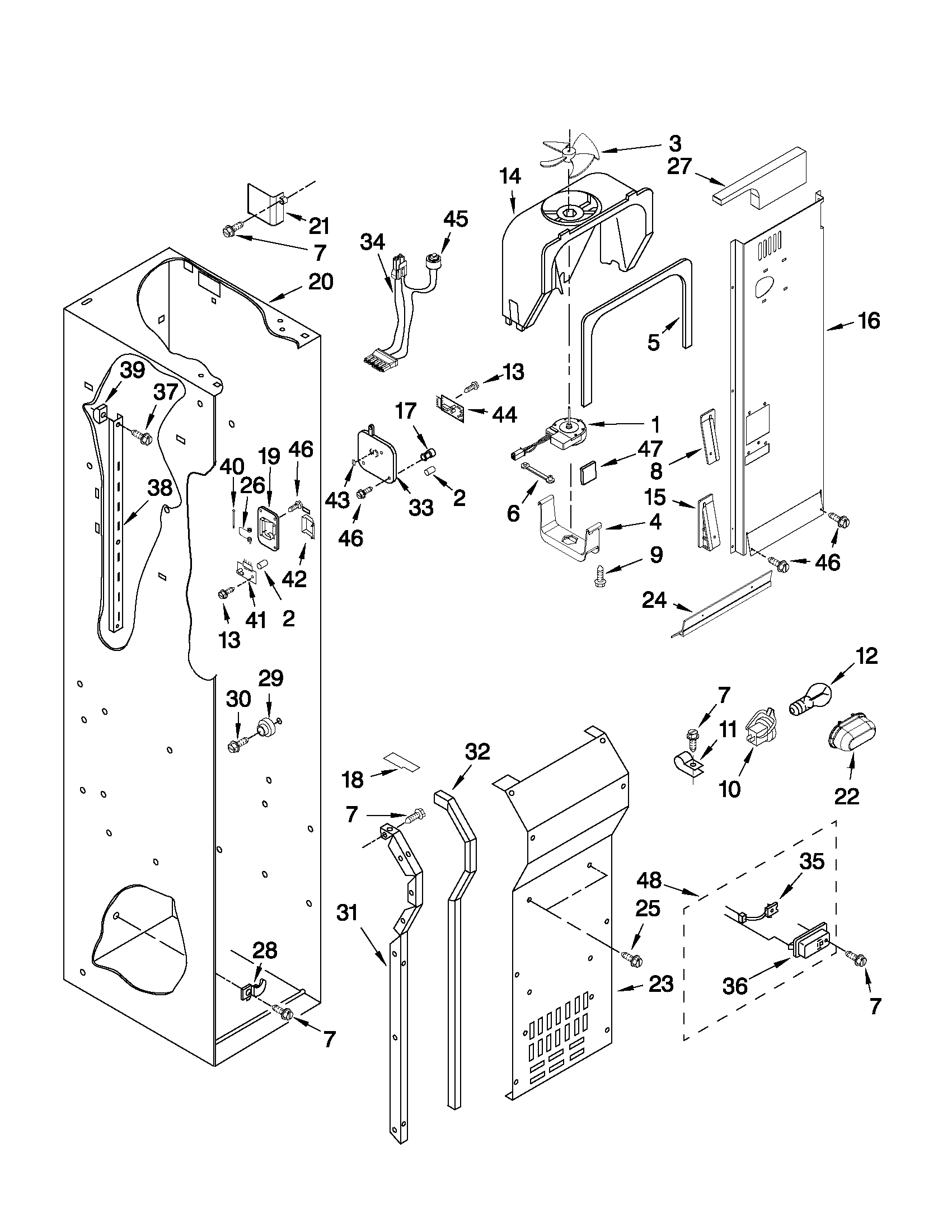 KitchenAid KSSC48QVS04 freezer liner and air flow parts diagram