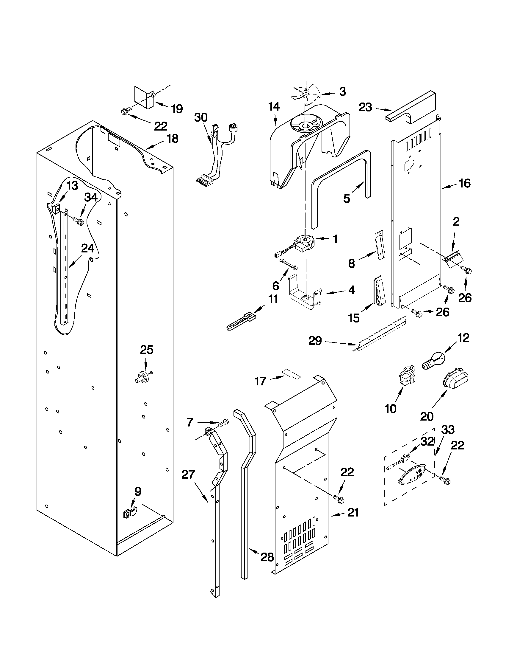 KitchenAid KSSO42FTX16 freezer liner and air flow parts diagram