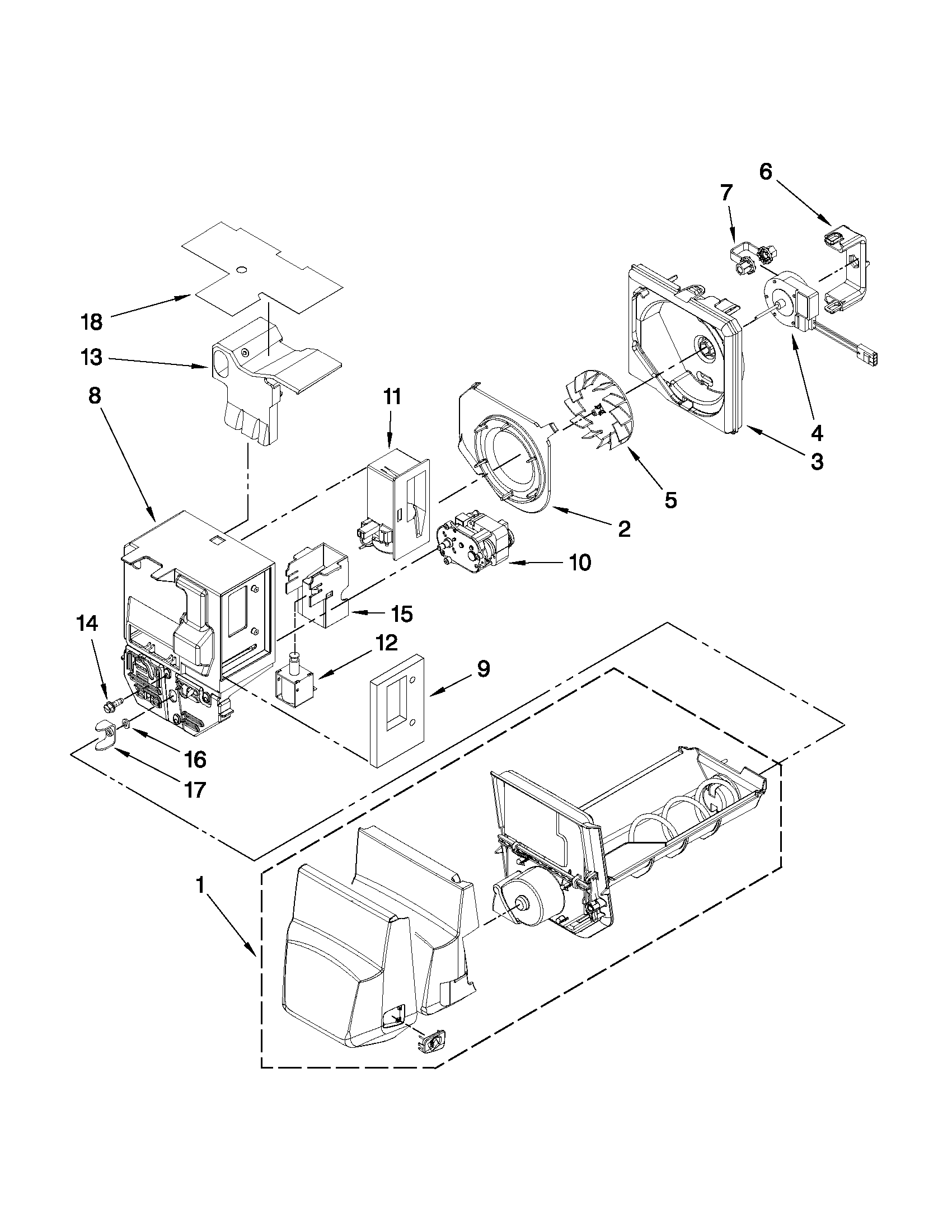 Jenn-Air JFX2597AEP0 motor and ice container parts diagram