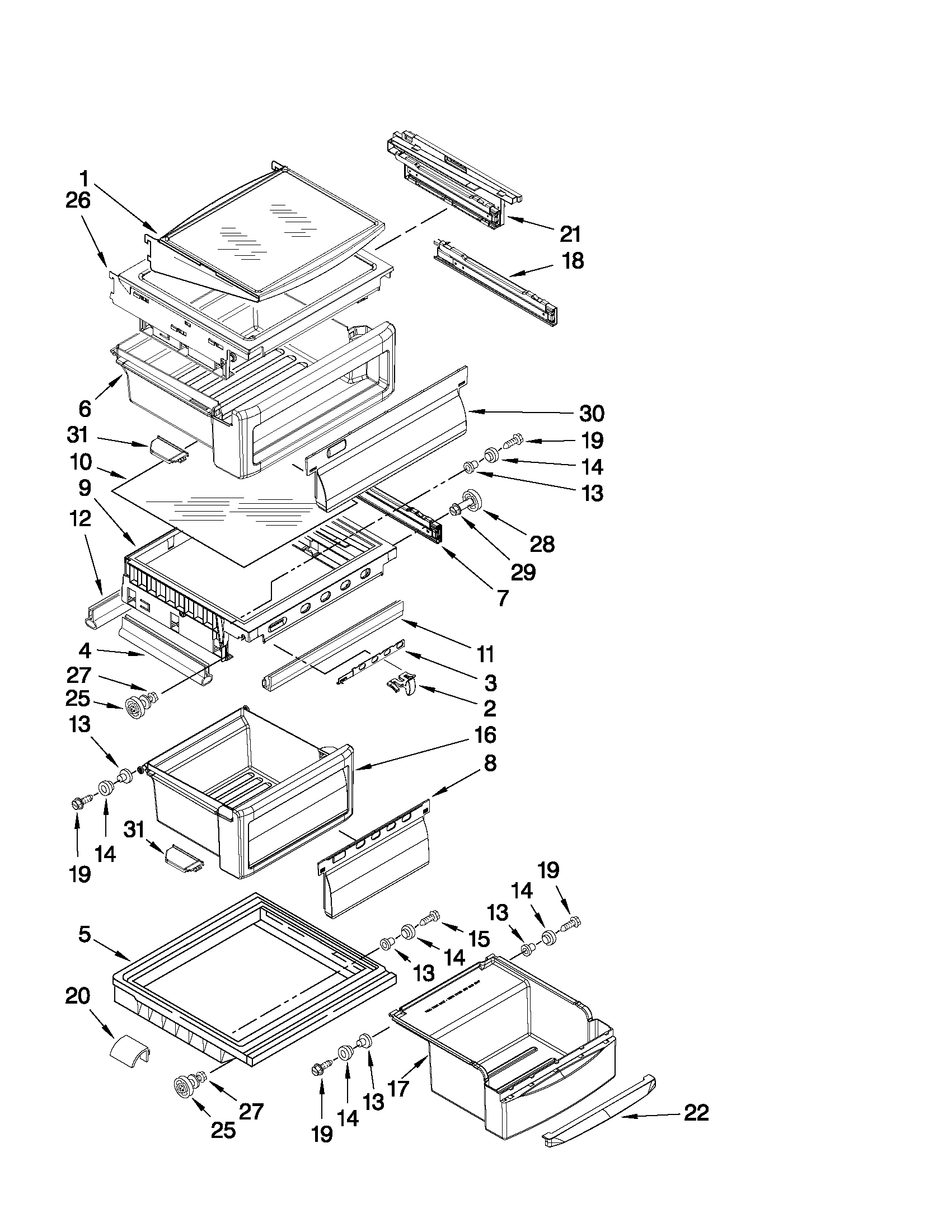 KitchenAid KSCK25FVWH03 refrigerator shelf parts diagram