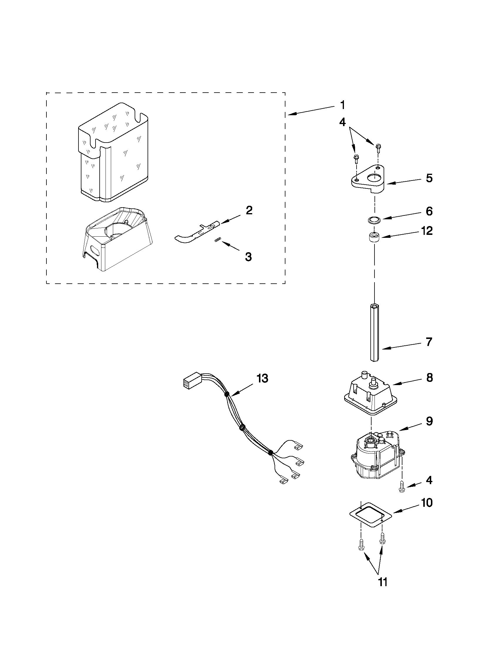 KitchenAid KSCK25FVWH03 motor and ice container parts diagram