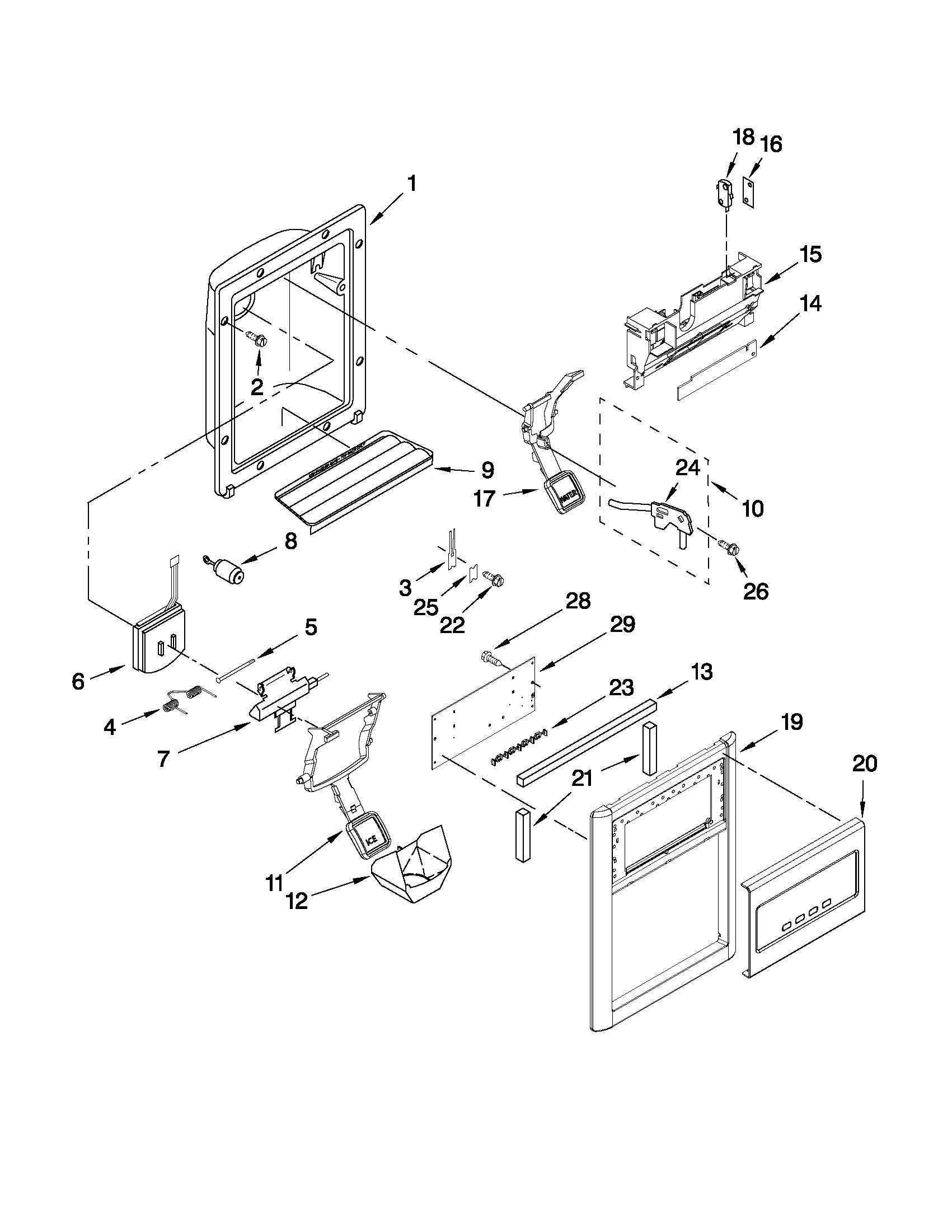 KitchenAid KSCK25FVWH03 dispenser front parts diagram