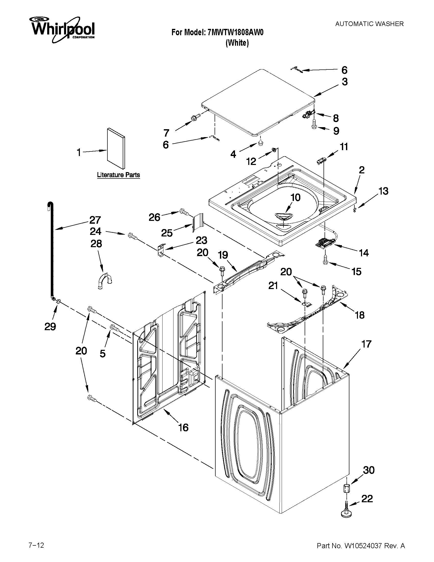 Whirlpool 7MWTW1808AW0 top and cabinet parts diagram