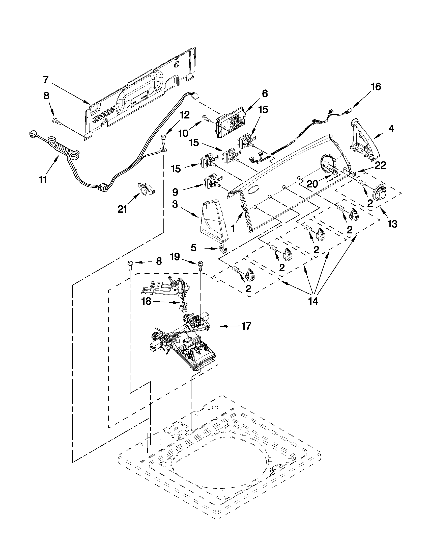 Whirlpool 7MWTW1808AW0 controls and water inlet parts diagram