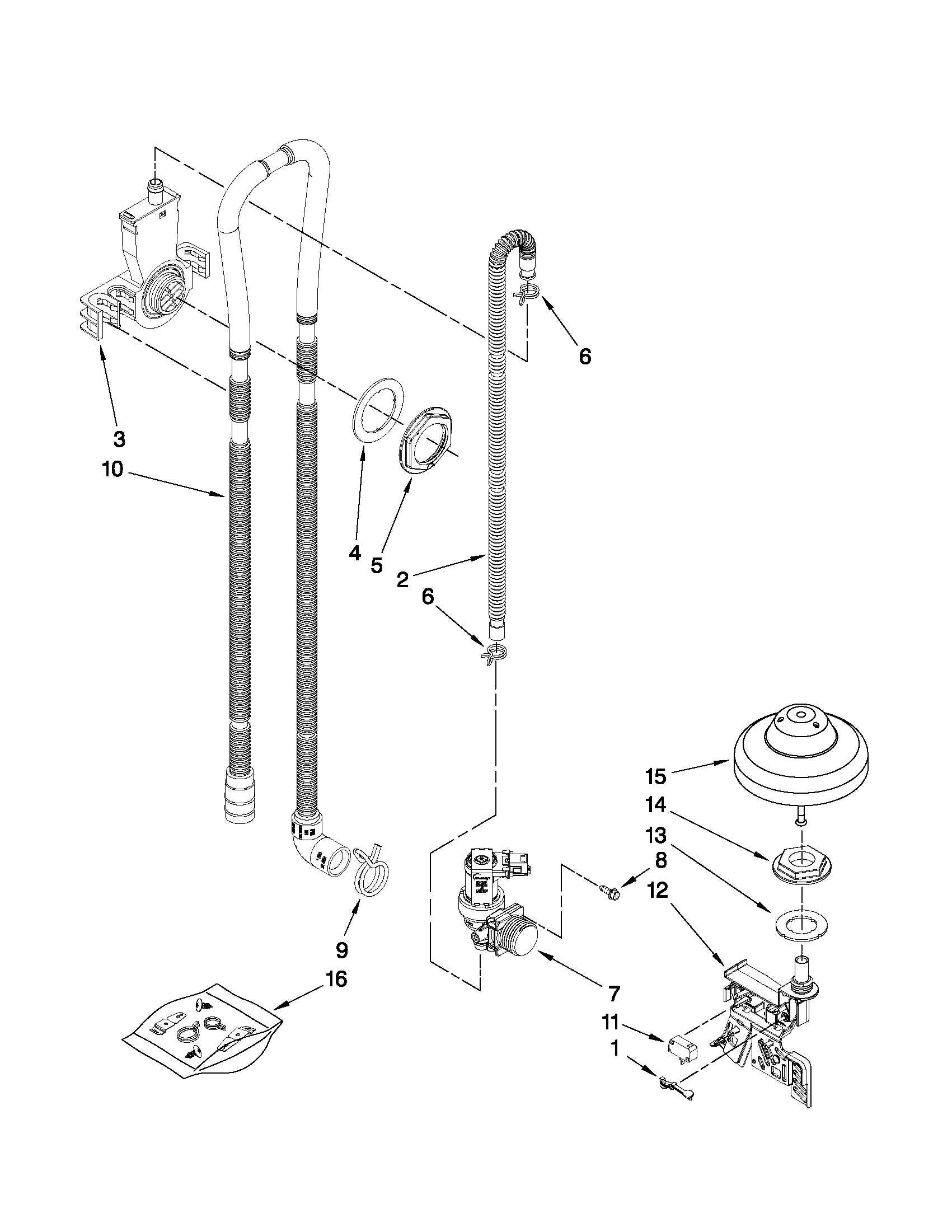 Whirlpool WDF750SAYB0 fill, drain and overfill parts diagram