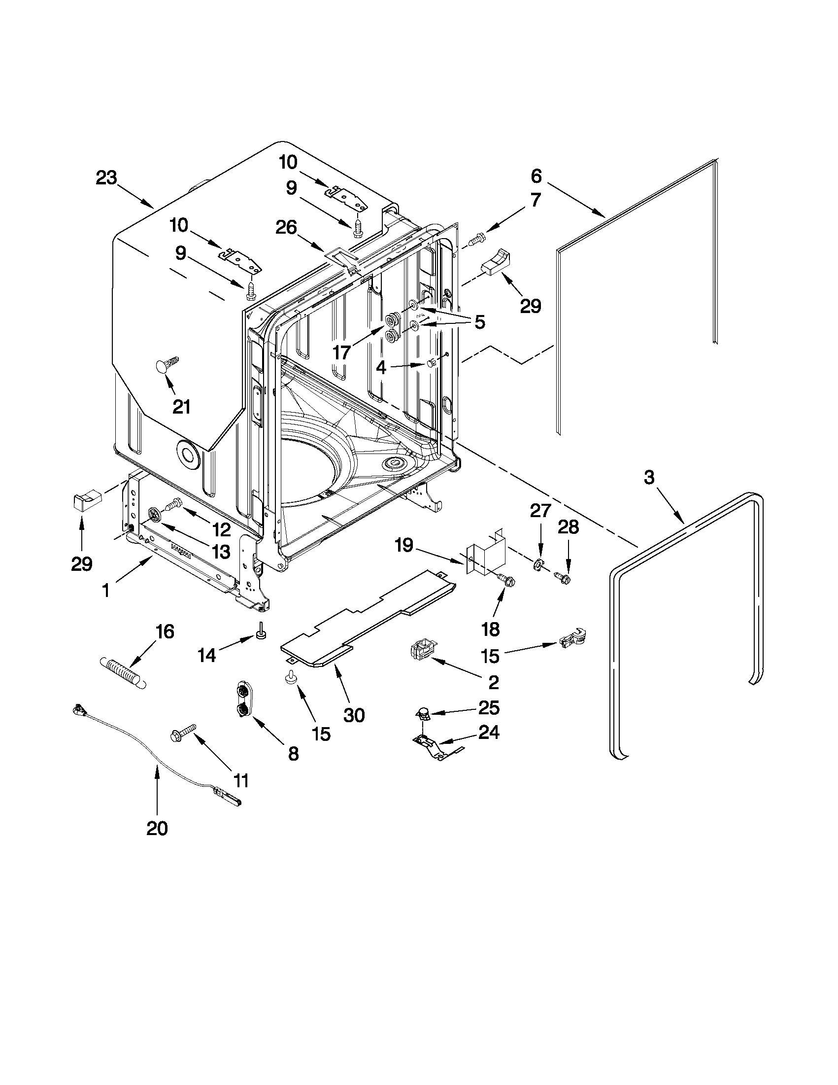 Whirlpool WDF750SAYB0 tub and frame parts diagram