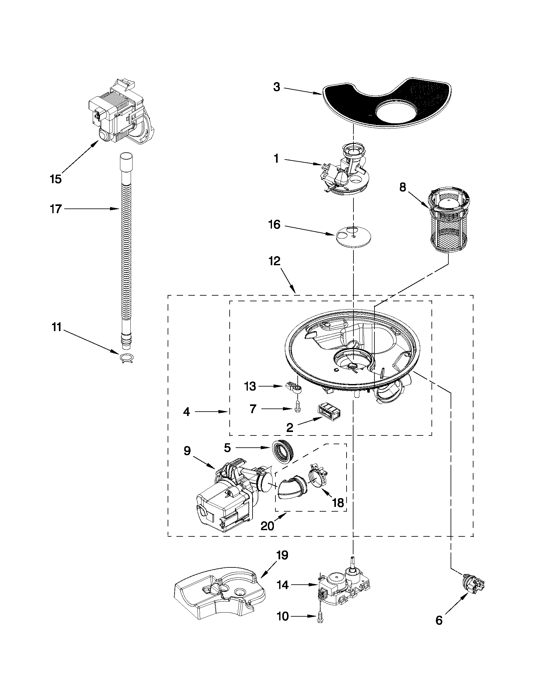 Whirlpool WDF750SAYB0 pump and motor parts diagram