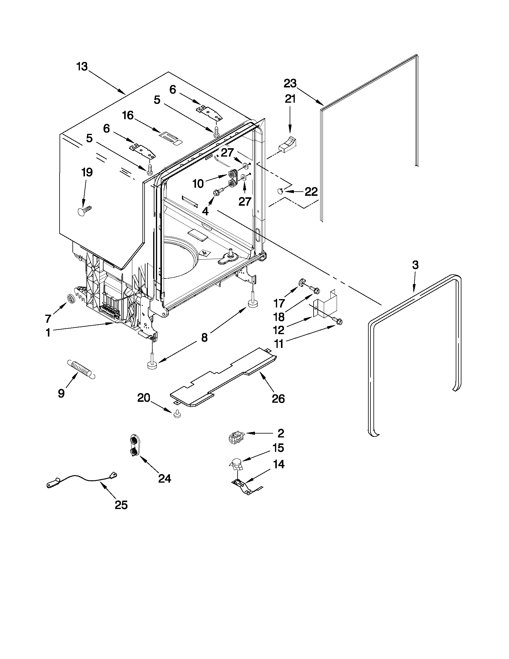 Whirlpool WDT790SLYW0 tub and frame parts diagram