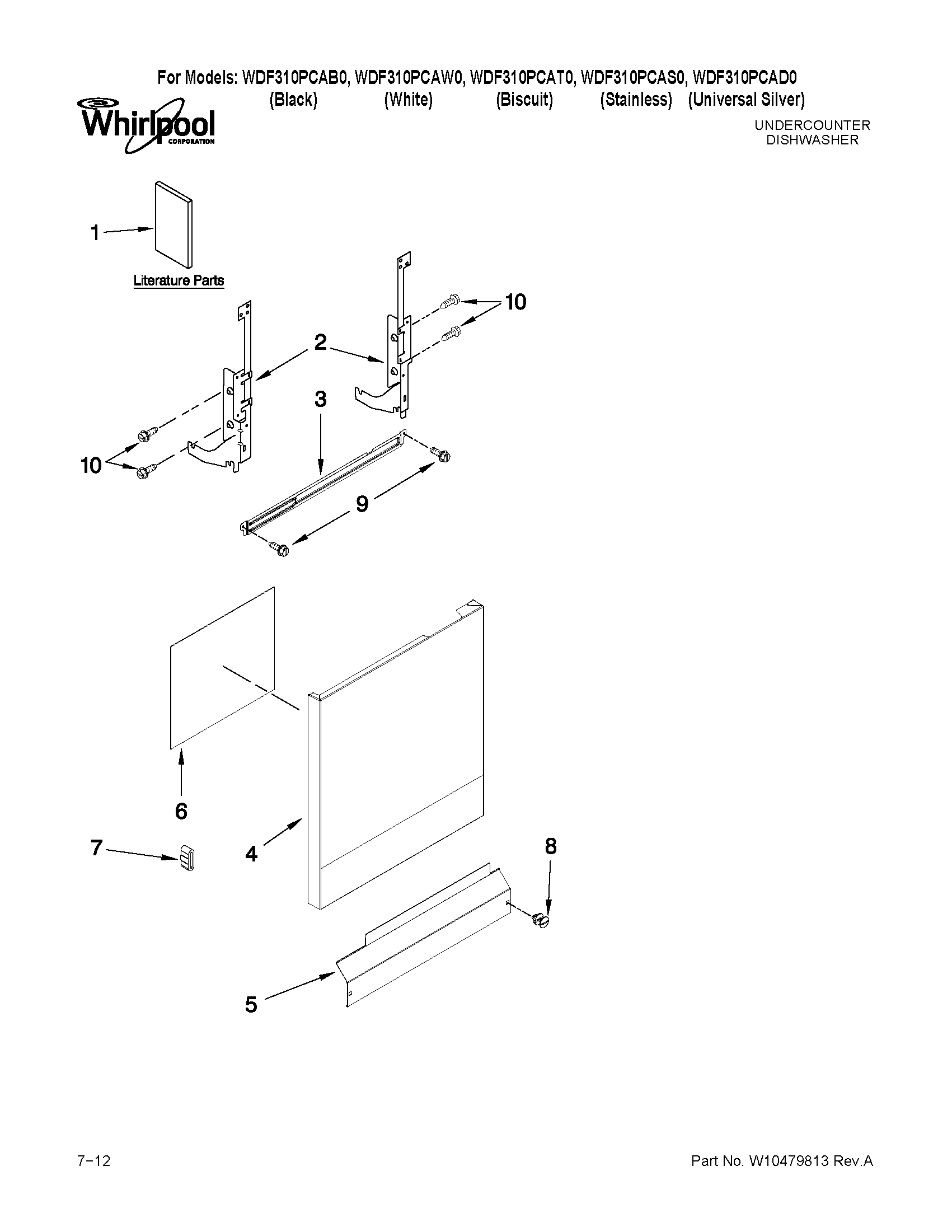 Whirlpool WDF310PCAT0 door and panel parts diagram