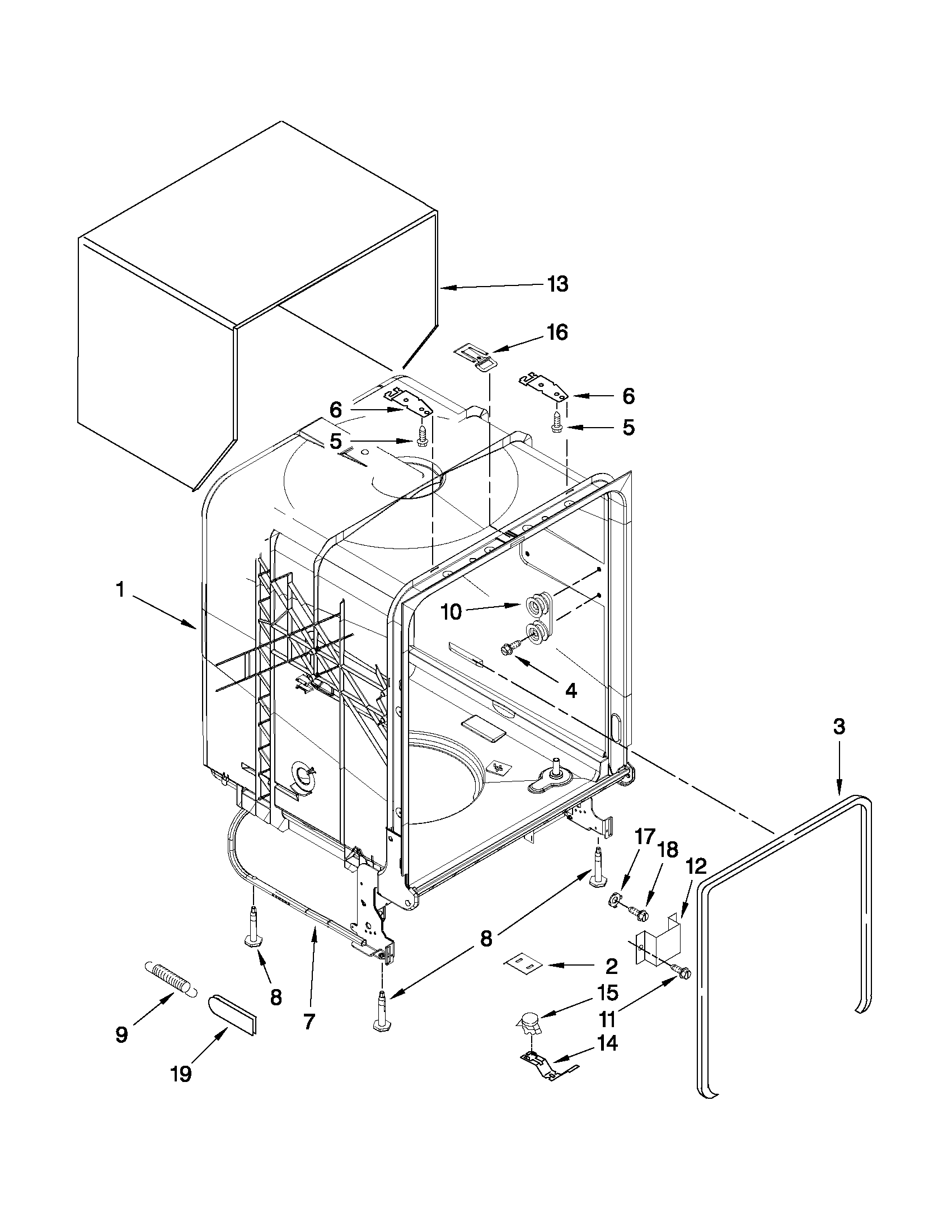 Whirlpool WDF310PCAT0 tub and frame parts diagram
