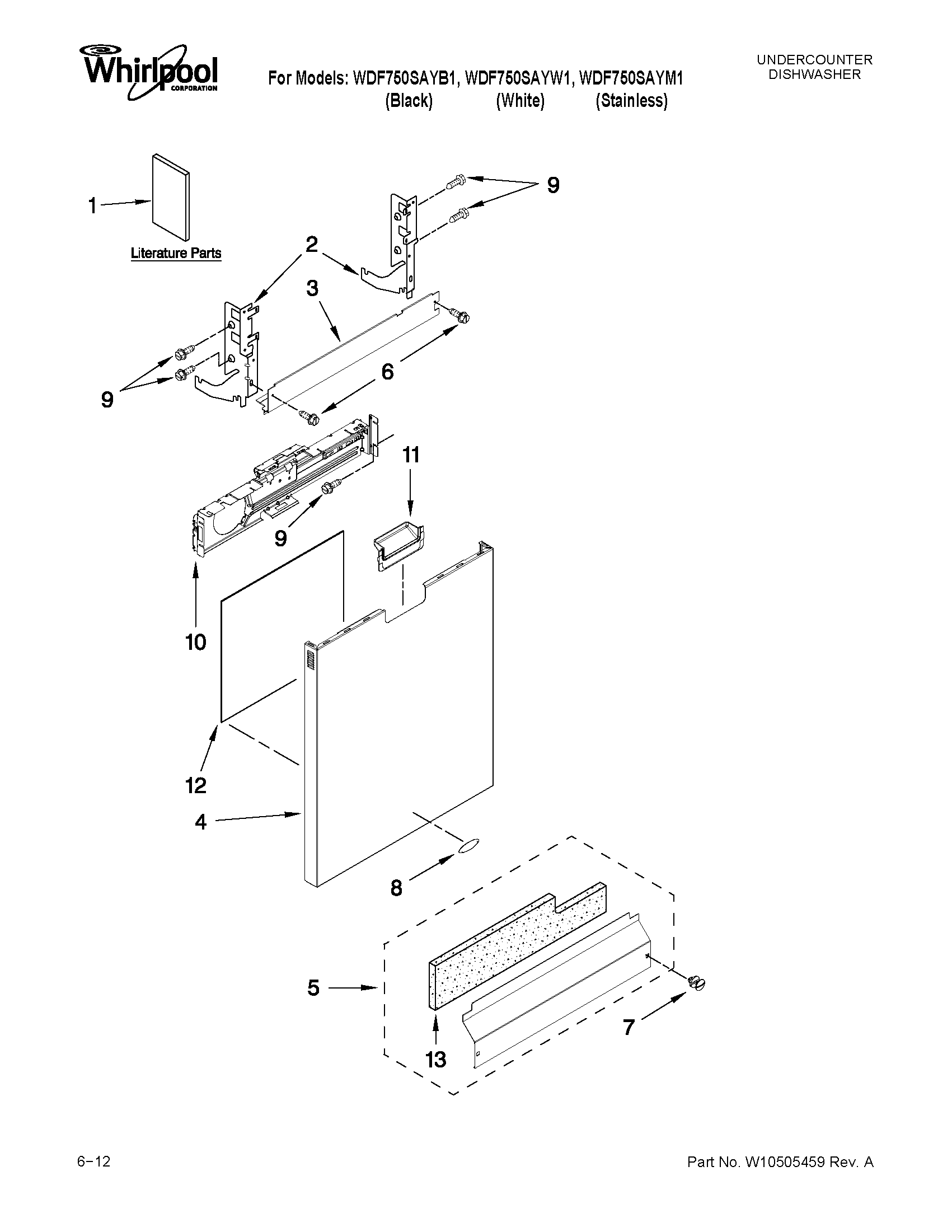 Whirlpool WDF750SAYM1 door and panel parts diagram