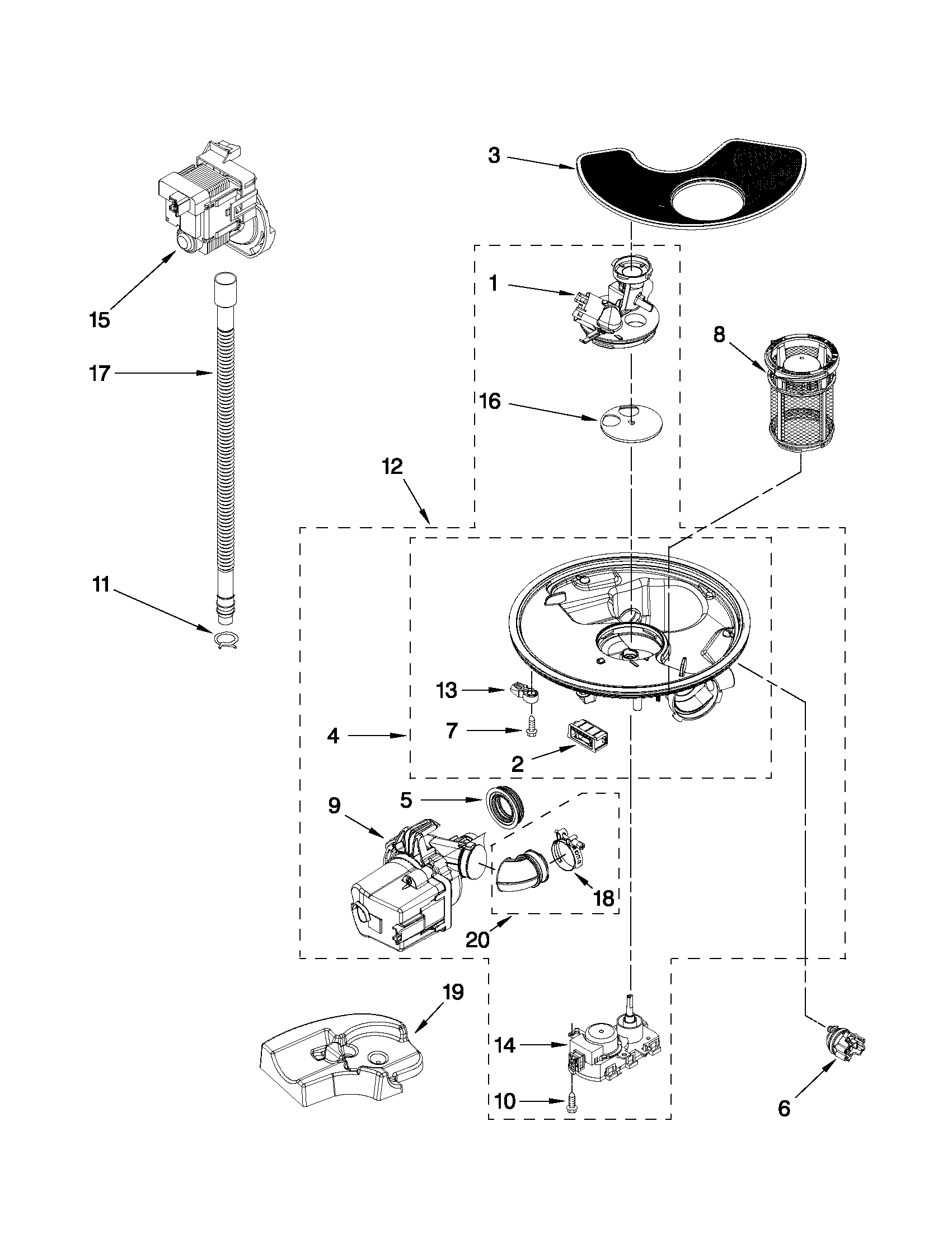 Whirlpool WDF750SAYM1 pump and motor parts diagram