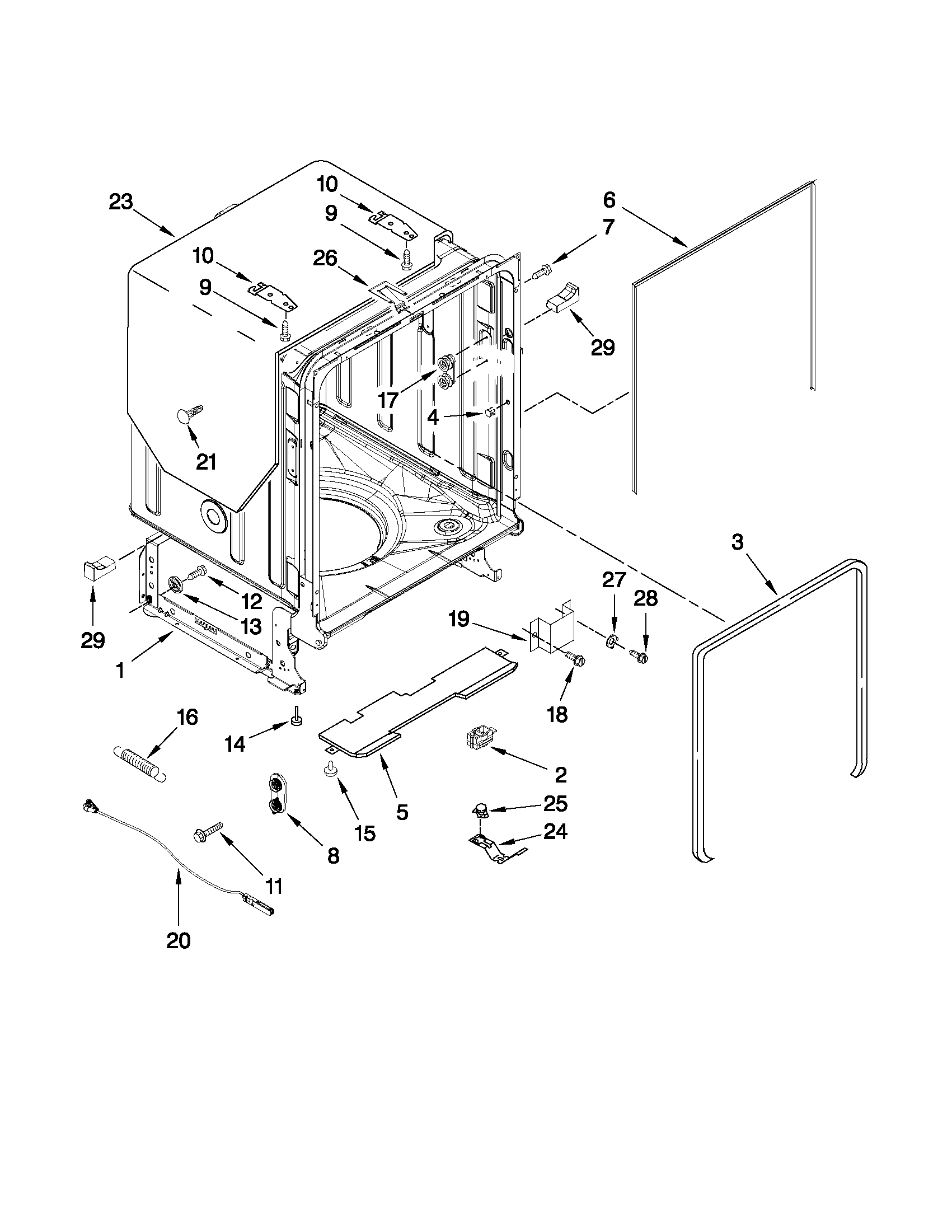 Whirlpool WDF780SLYB1 tub and frame parts diagram