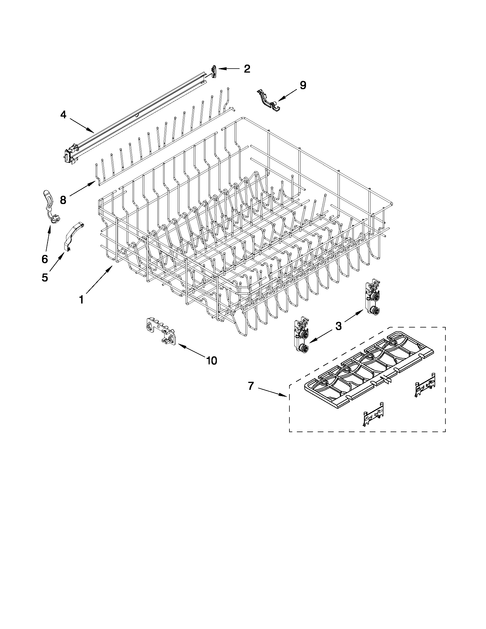 Whirlpool WDF780SLYB1 upper rack and track parts diagram