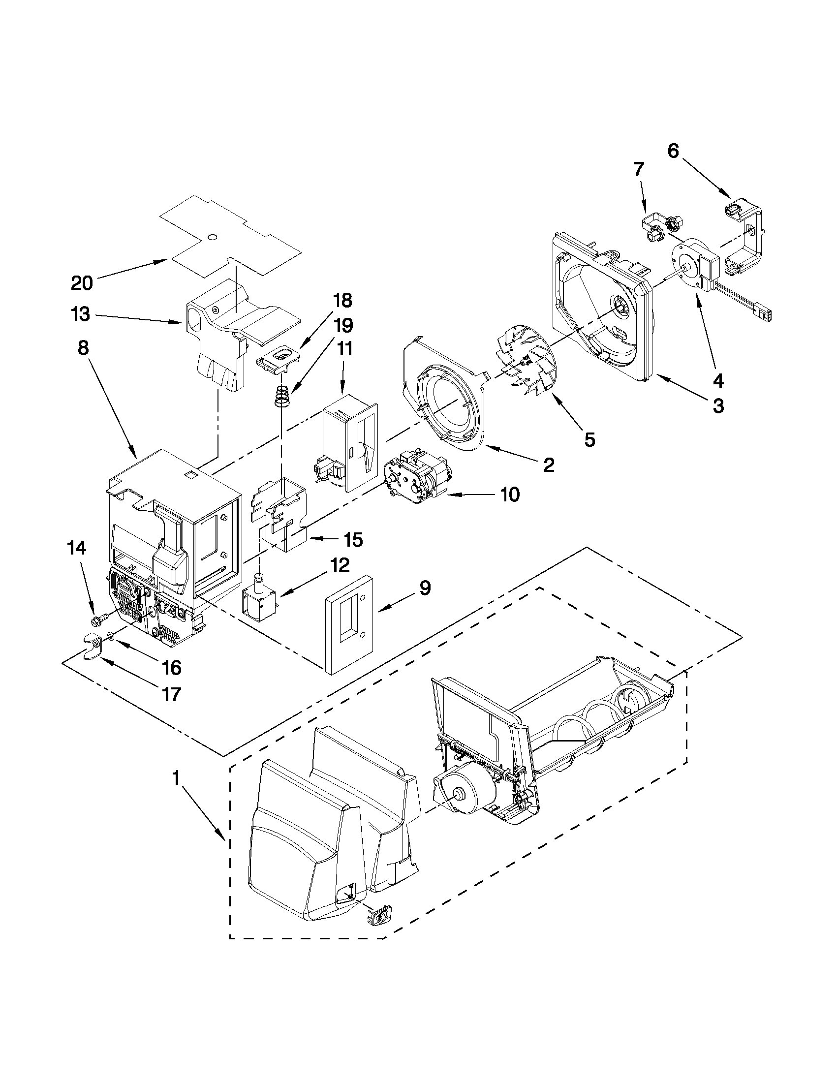Whirlpool GI5SVAXVQ01 motor and ice container parts diagram
