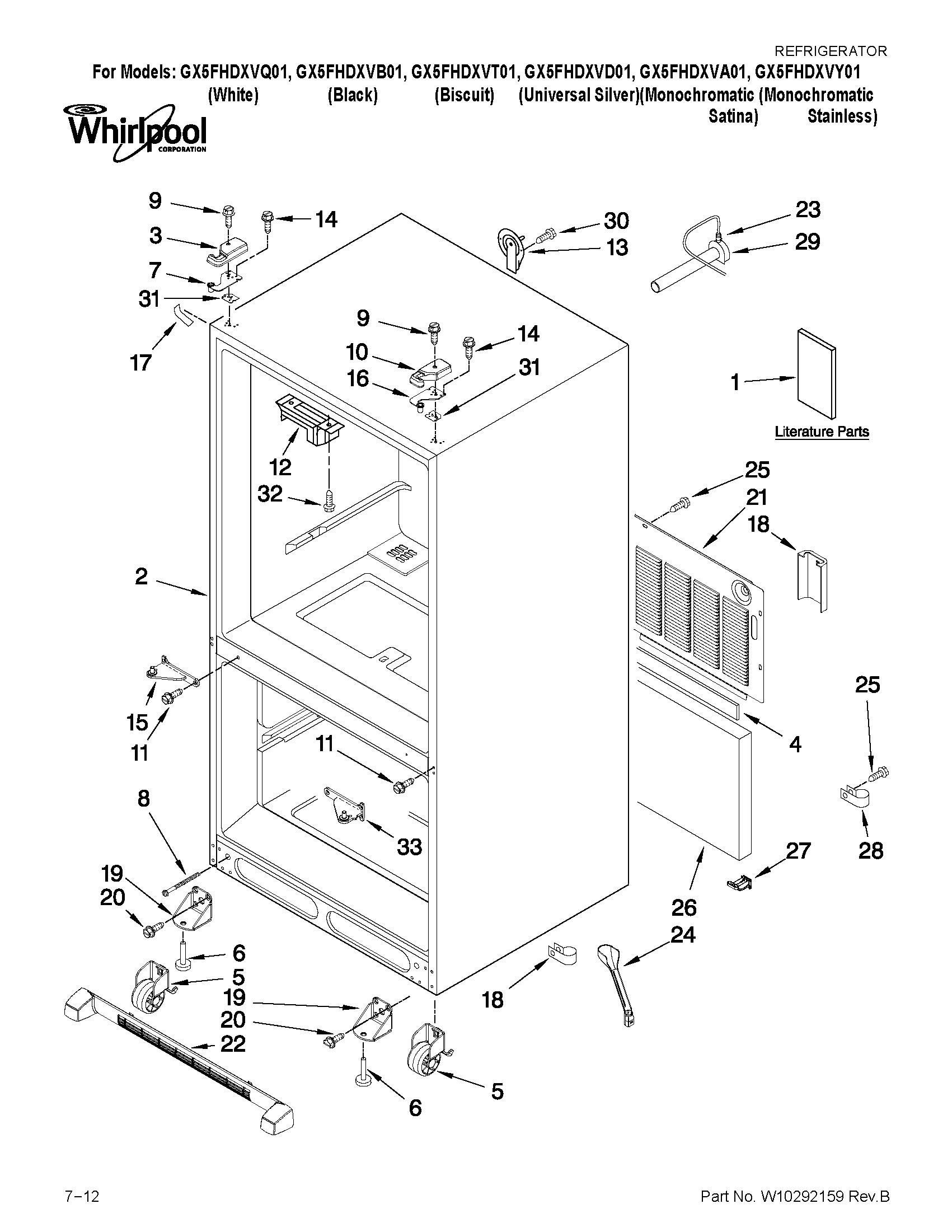 Whirlpool GX5FHDXVB01 cabinet parts diagram