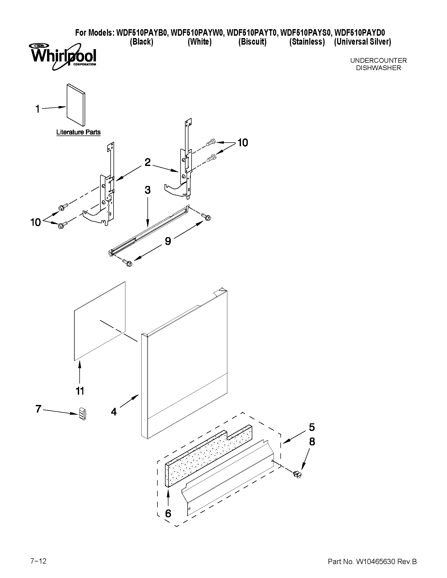 Whirlpool WDF510PAYW0 door and panel parts diagram