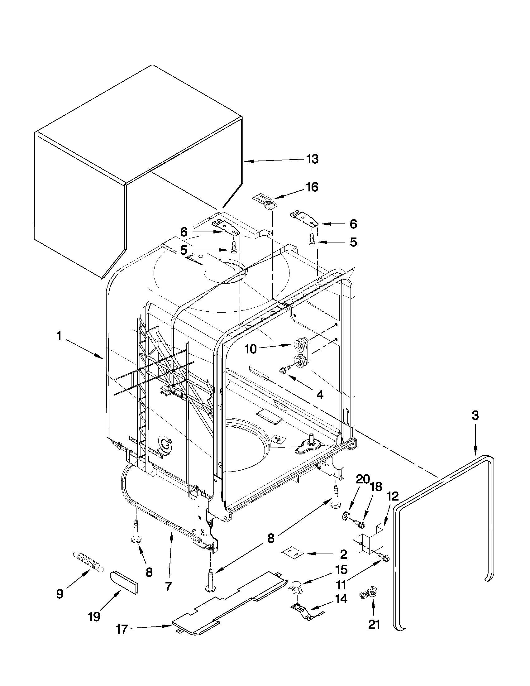 Whirlpool WDF510PAYW0 tub and frame parts diagram