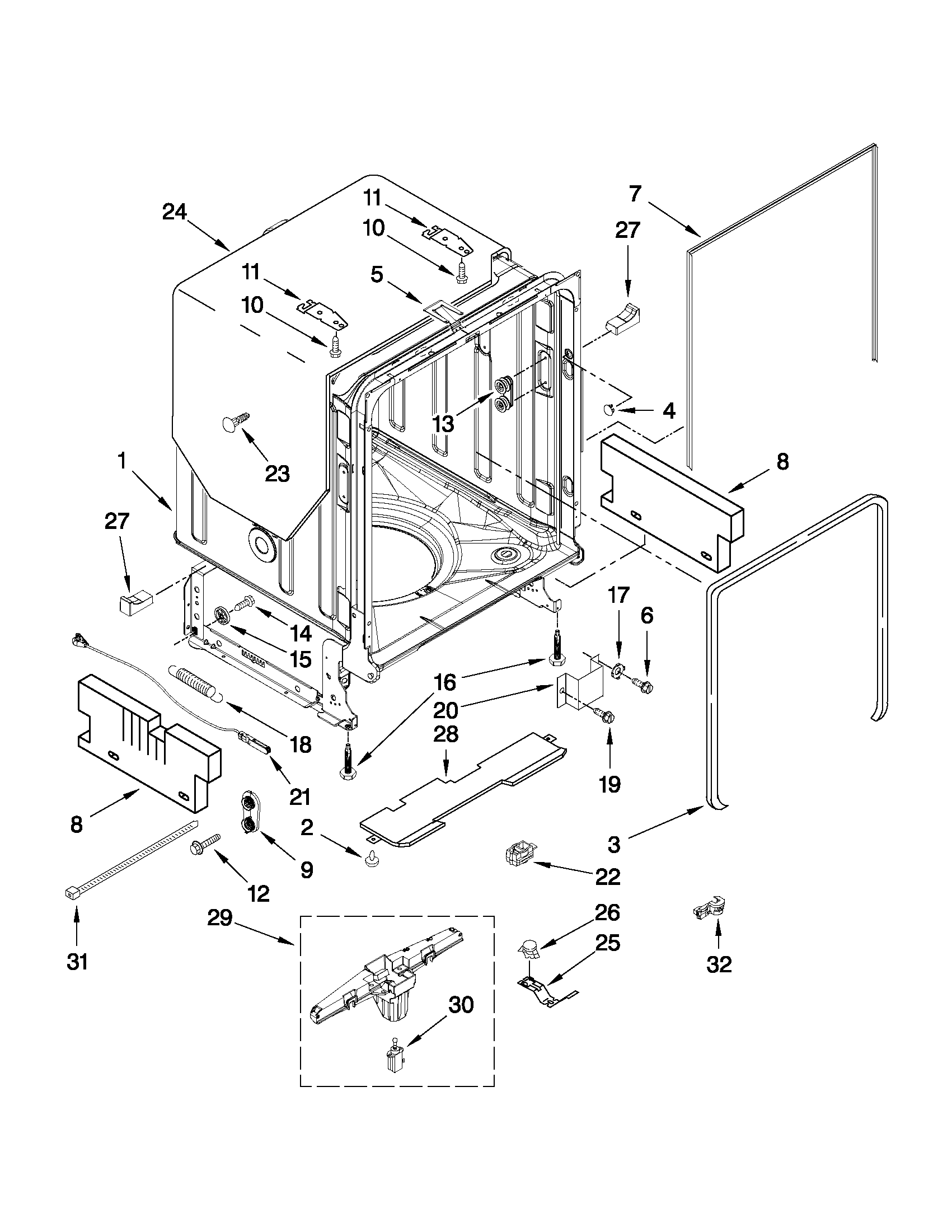 KitchenAid KUDS30IXSS8 tub and frame parts diagram