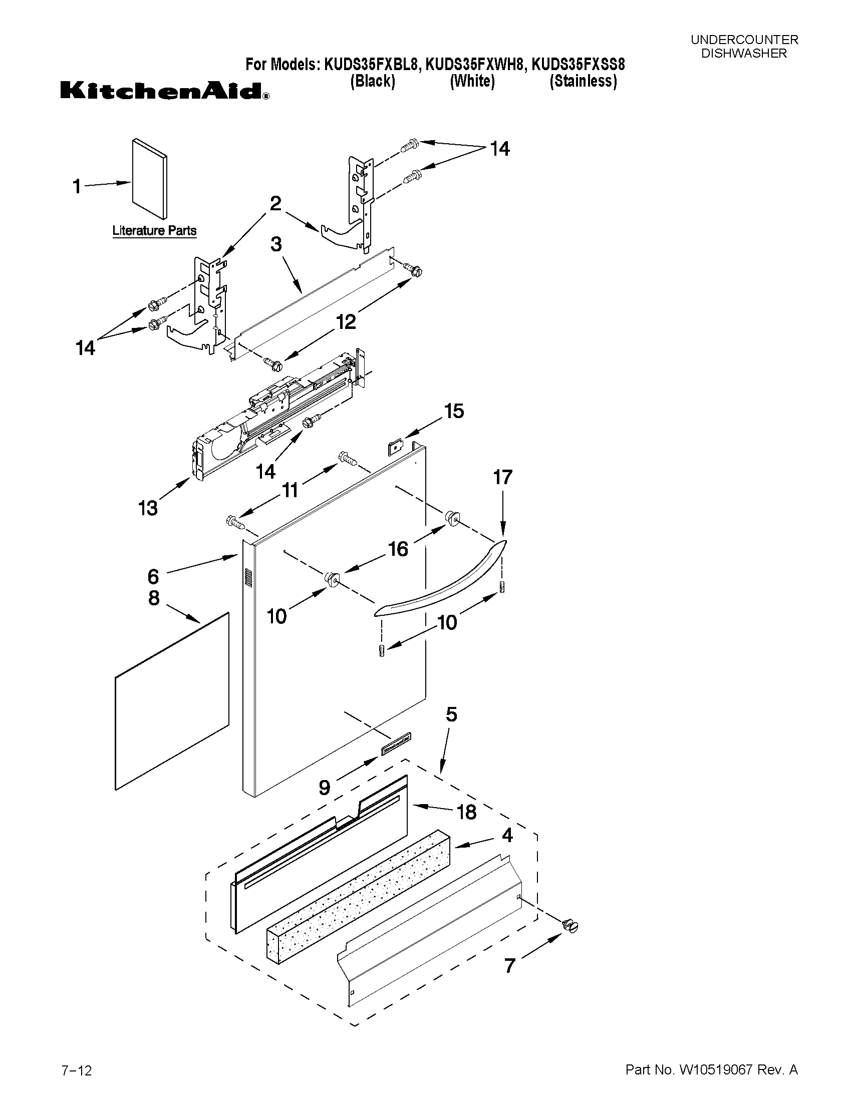 KitchenAid KUDS35FXSS8 door and panel parts diagram