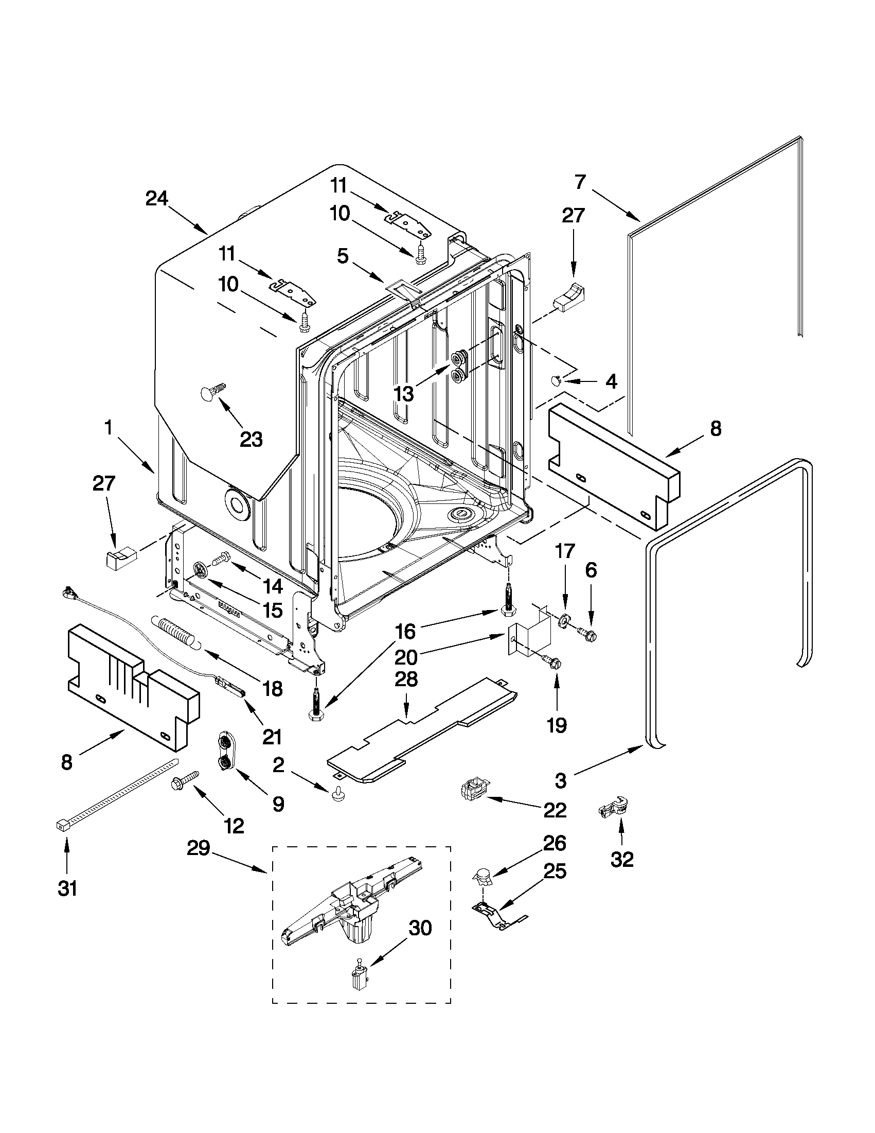 KitchenAid KUDS35FXSS8 tub and frame parts diagram
