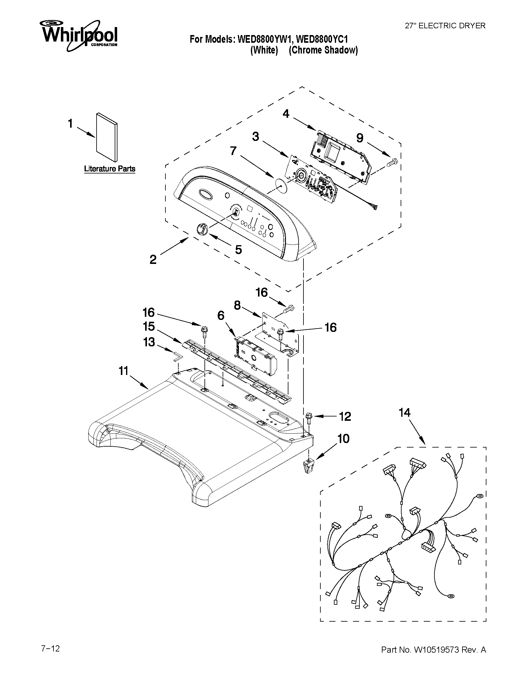 Whirlpool WED8800YC1 top and console parts diagram