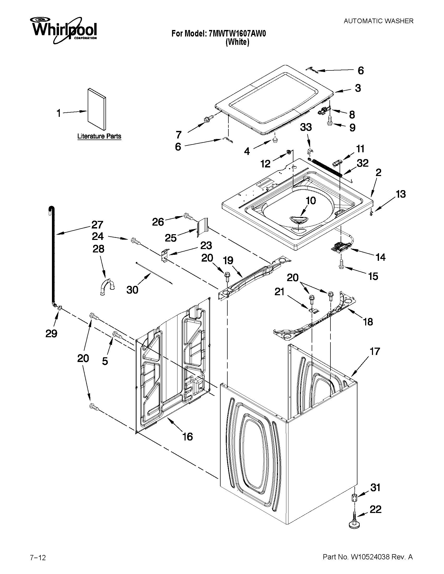 Whirlpool 7MWTW1607AW0 top and cabinet parts diagram