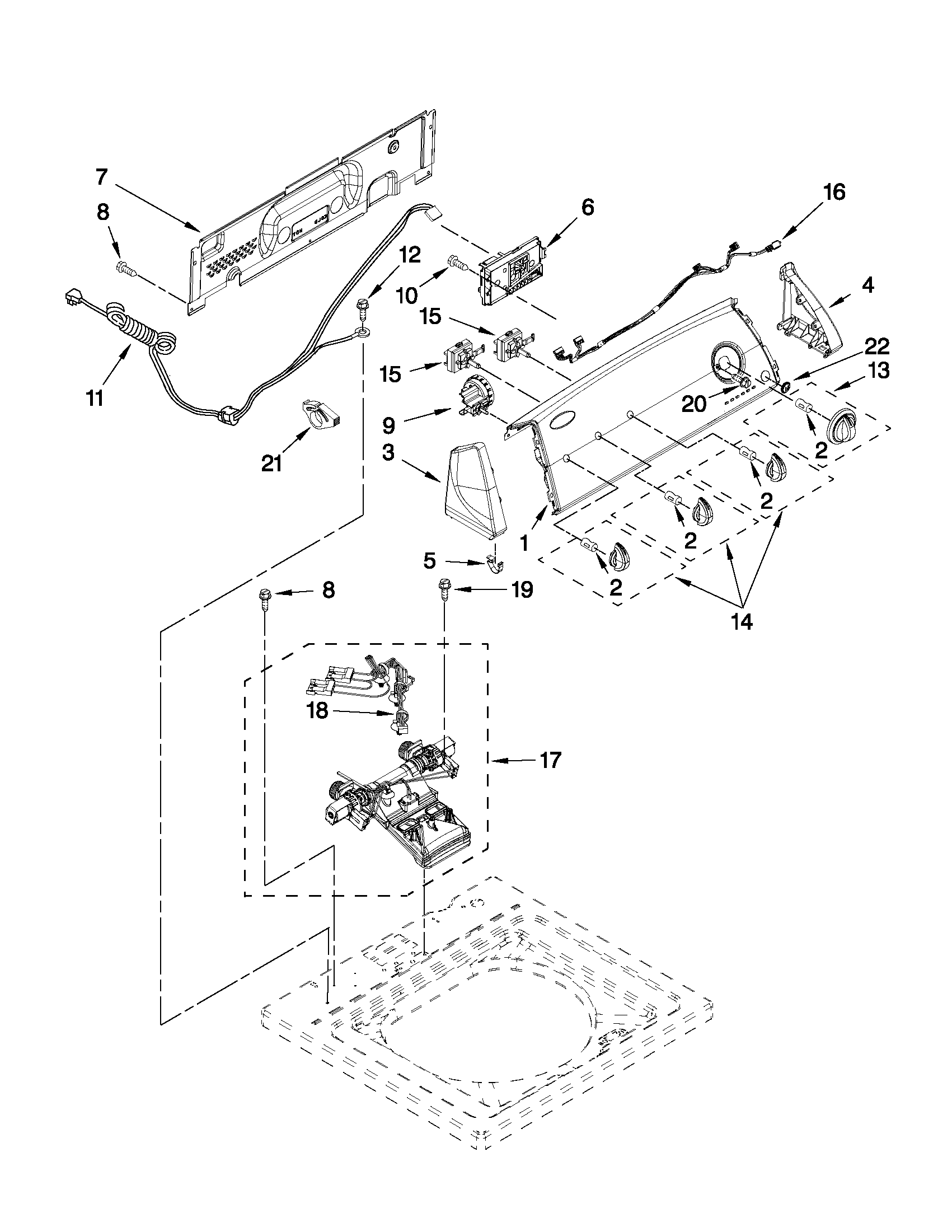 Whirlpool 7MWTW1607AW0 controls and water inlet parts diagram