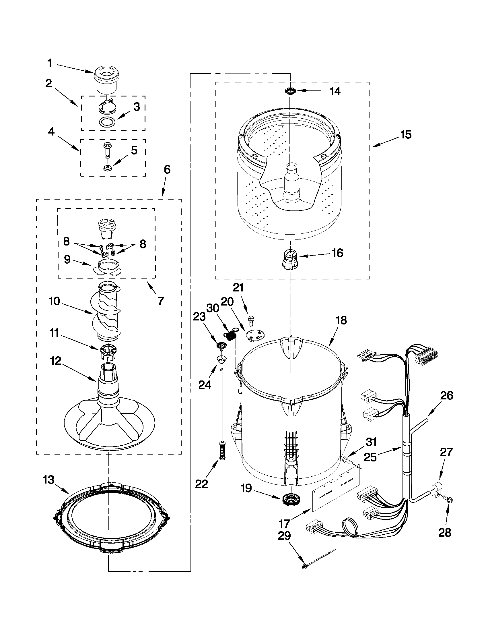 Whirlpool 7MWTW1607AW0 basket and tub parts diagram