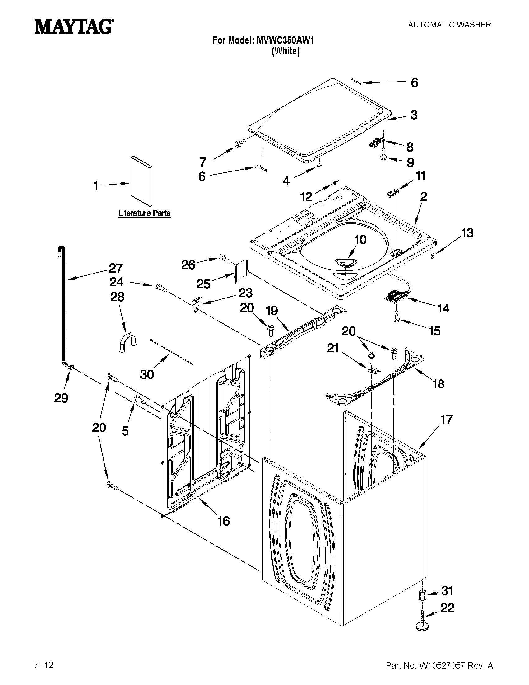 Maytag MVWC350AW1 top and cabinet parts diagram