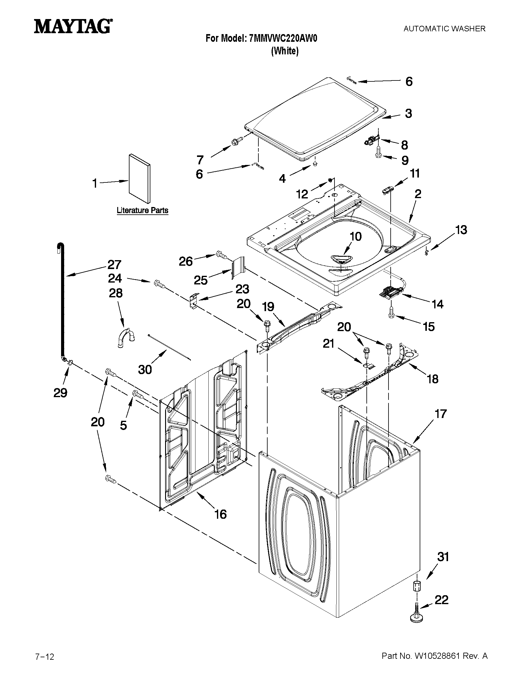 Maytag 7MMVWC220AW0 top and cabinet parts diagram