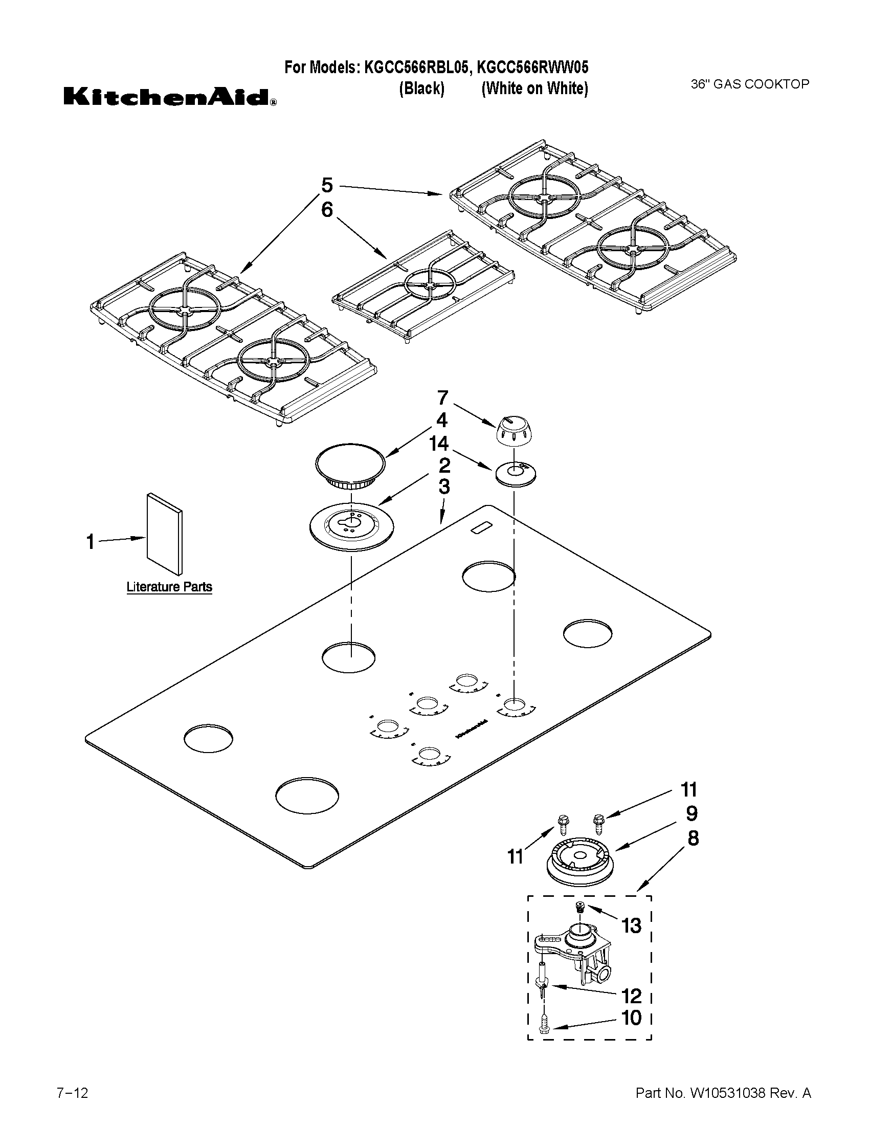 KitchenAid KGCC566RWW05 cooktop, burner and grate parts diagram