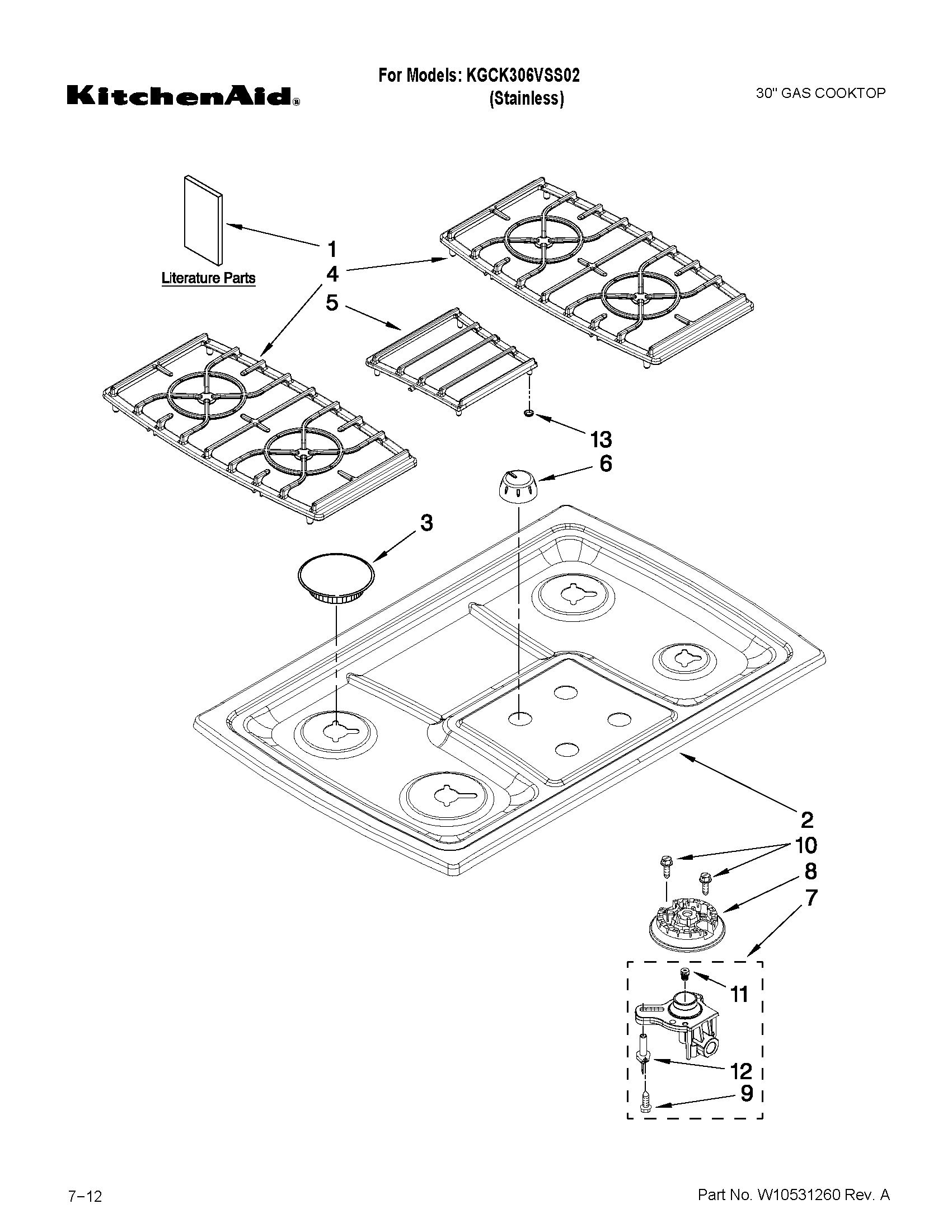 KitchenAid KGCK306VSS02 cooktop, burner and grate parts diagram