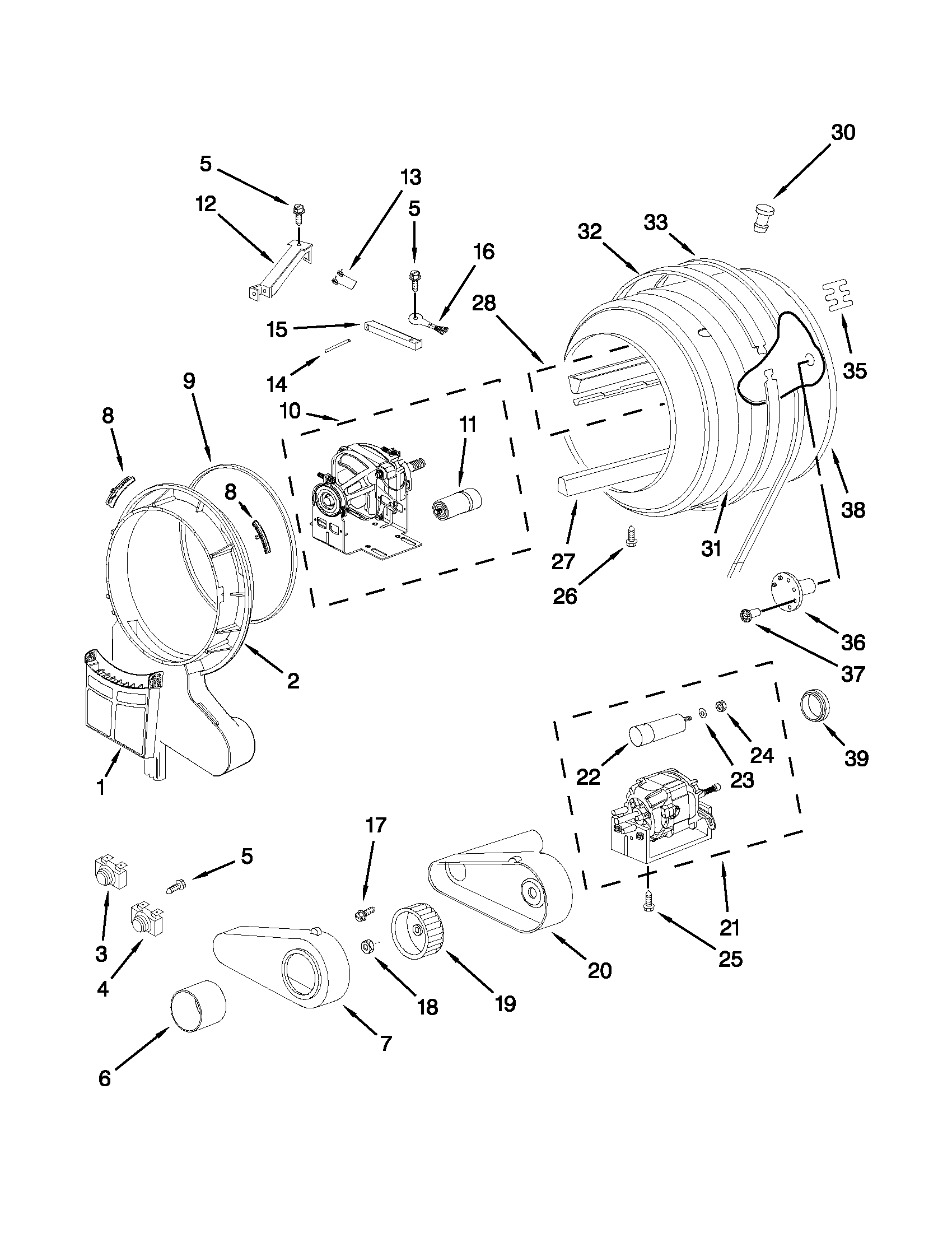 Maytag YMED7500YW0 drum and motor parts diagram