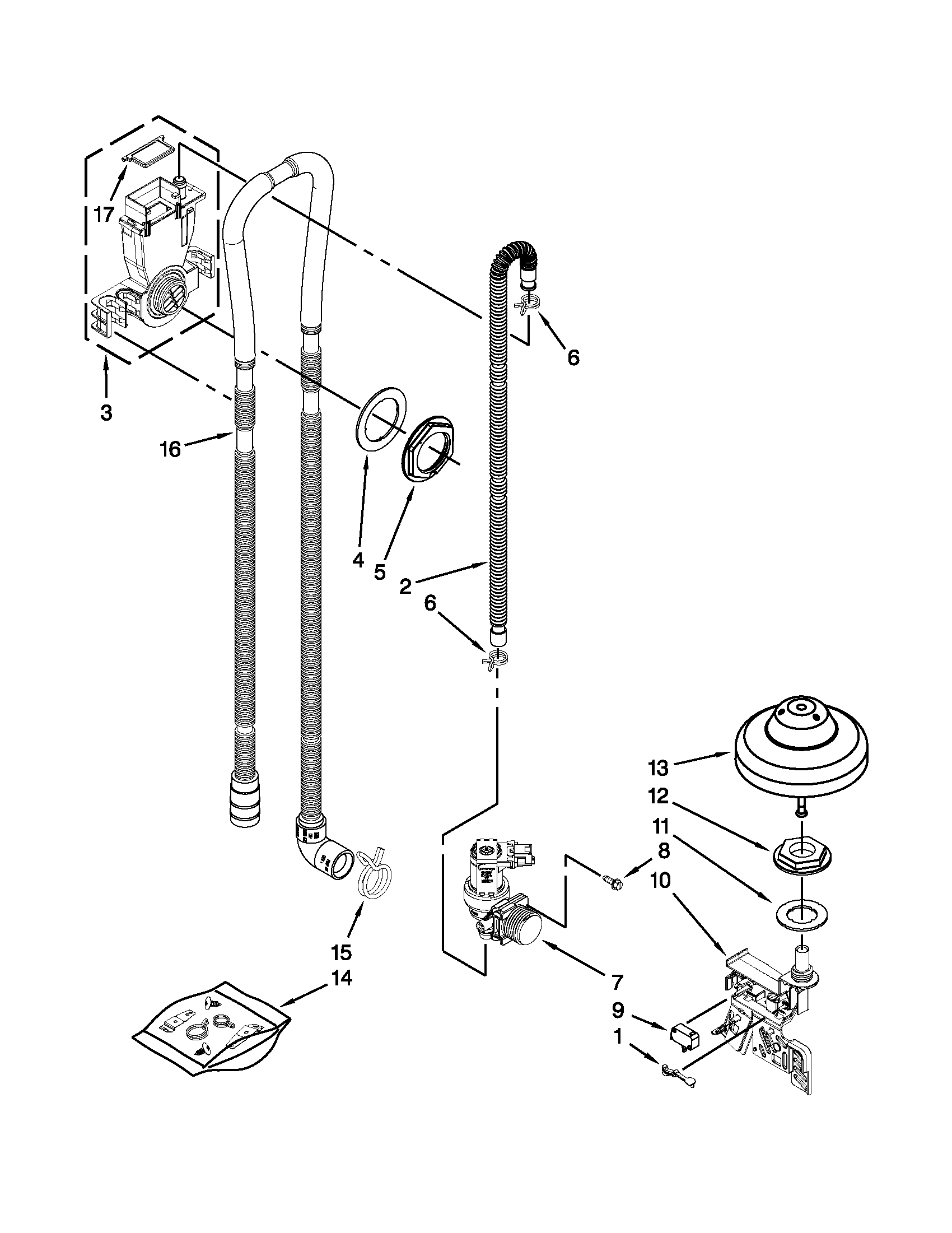KitchenAid KUDS30FBSS0 fill, drain and overfill parts diagram