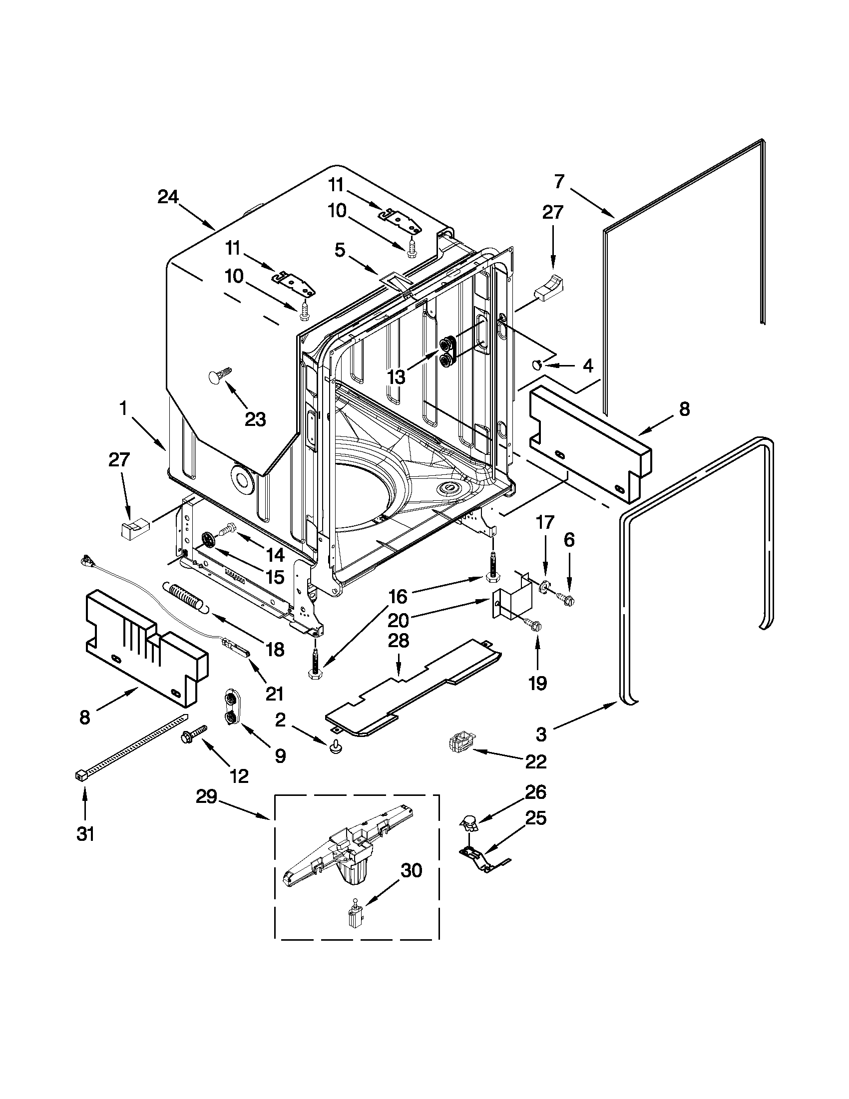 KitchenAid KUDS30IBBT0 tub and frame parts diagram