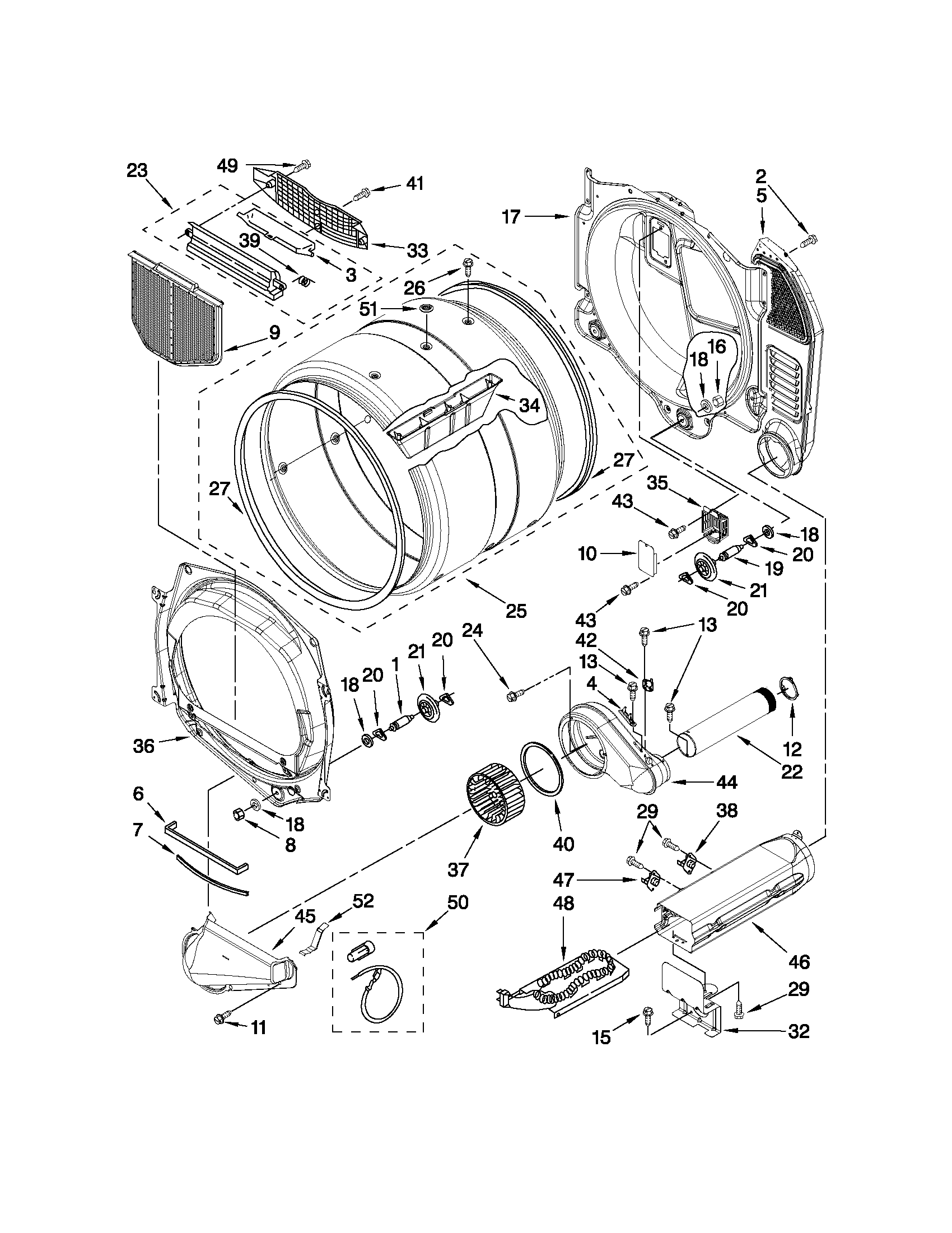 Maytag MLE20PRBYW1 bulkhead and blower parts diagram