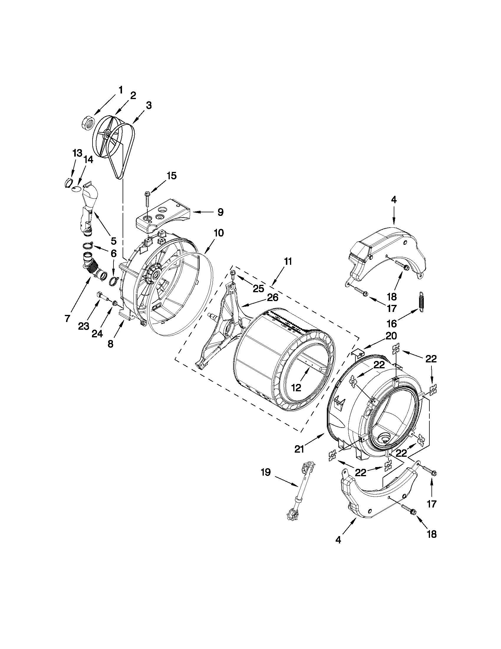 Maytag MLE20PRBYW1 tub and basket parts diagram
