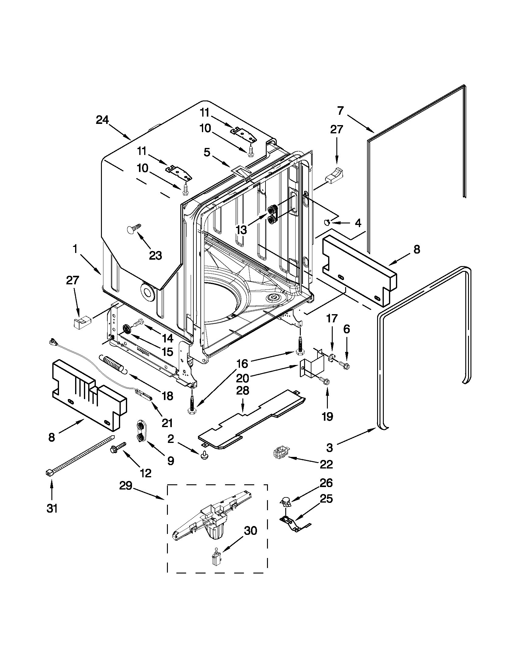 KitchenAid KUDS35FBBL0 tub and frame parts diagram