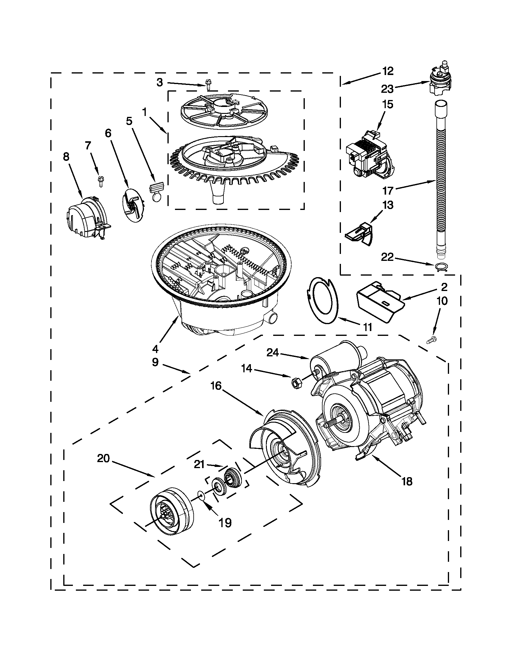 KitchenAid KUDS35FBBL0 pump, washarm and motor parts diagram