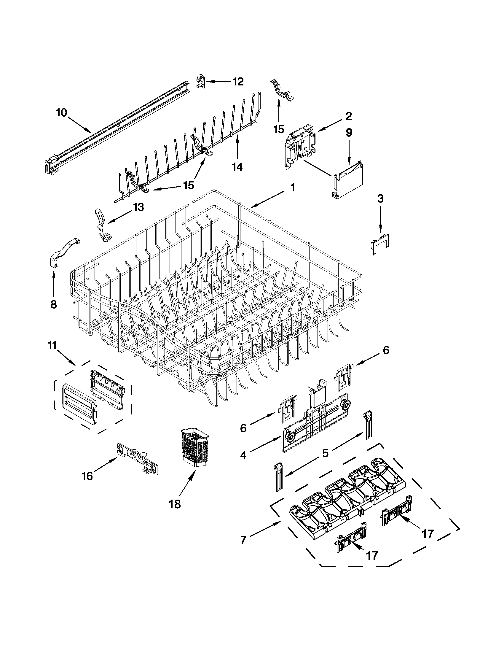 KitchenAid KUDS35FBBL0 upper rack and track parts diagram